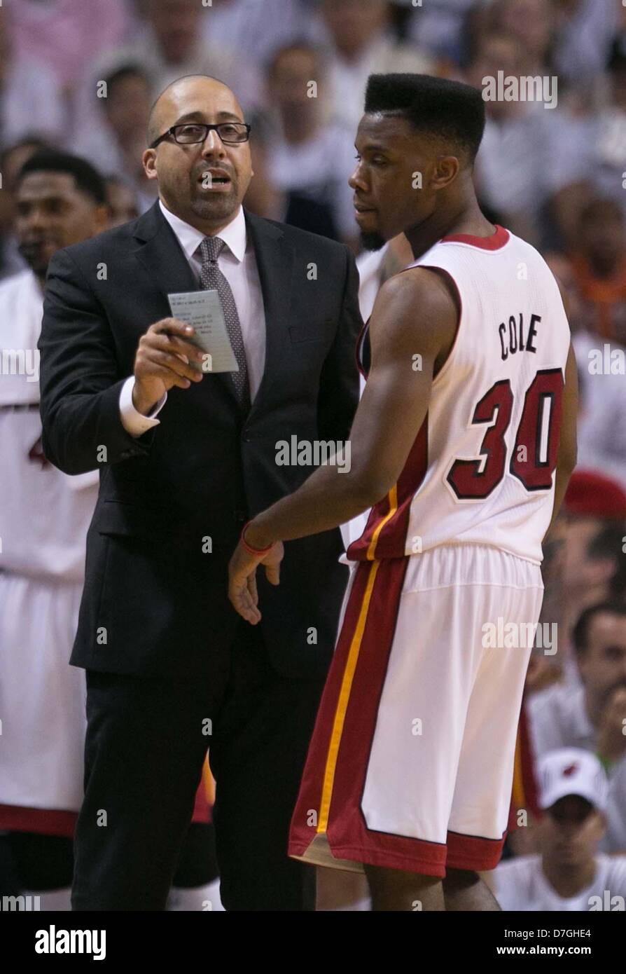 Miami, Florida, USA. 6th May, 2013. Miami Heat assistant coach David  Fizdale talks with Miami Heat point guard Norris Cole (30) during a timeout  at AmericanAirlines Arena in Miami on May 6,