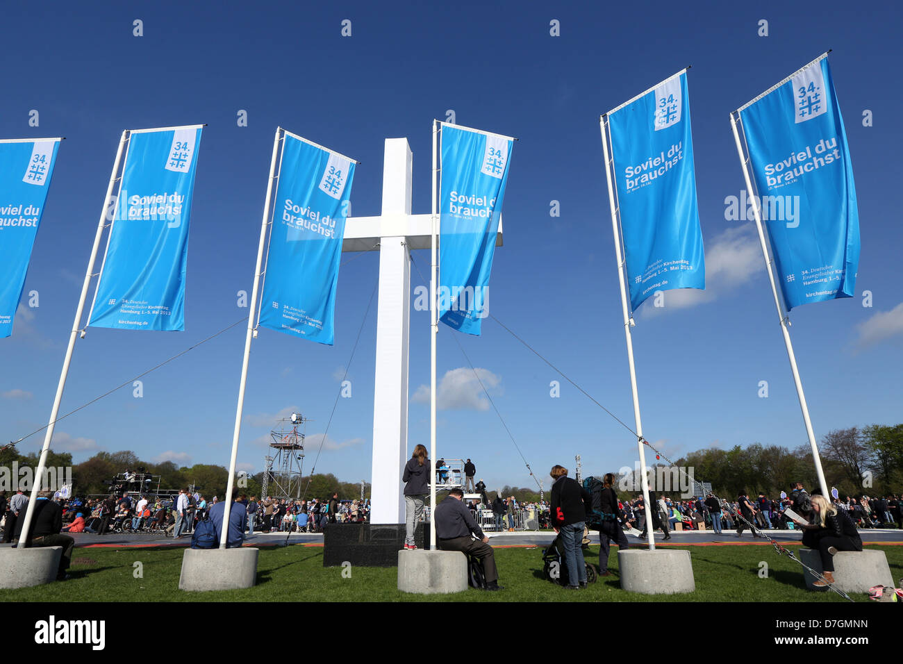 giant cross and flags at the open air sunday service of the 34th Evangelical Church Congress in Hamburg, Germany. Motto of the c Stock Photo