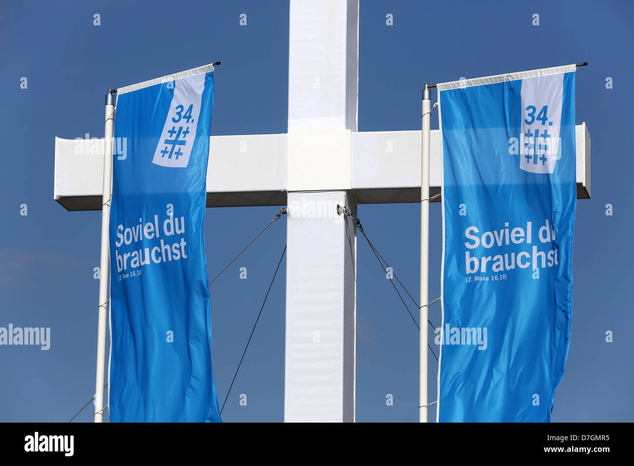 giant cross and flags at the open air sunday service of the 34th Evangelical Church Congress in Hamburg, Germany Stock Photo