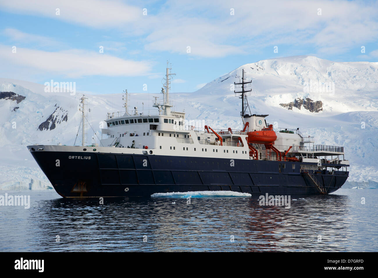 Icebreaker Ortelius anchored near Danco Island, Antarctica. Stock Photo