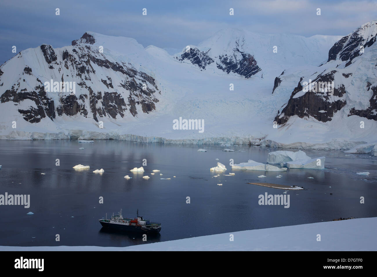 Icebreaker Ortelius anchored near Danco Island, Antarctica.  Stock Photo