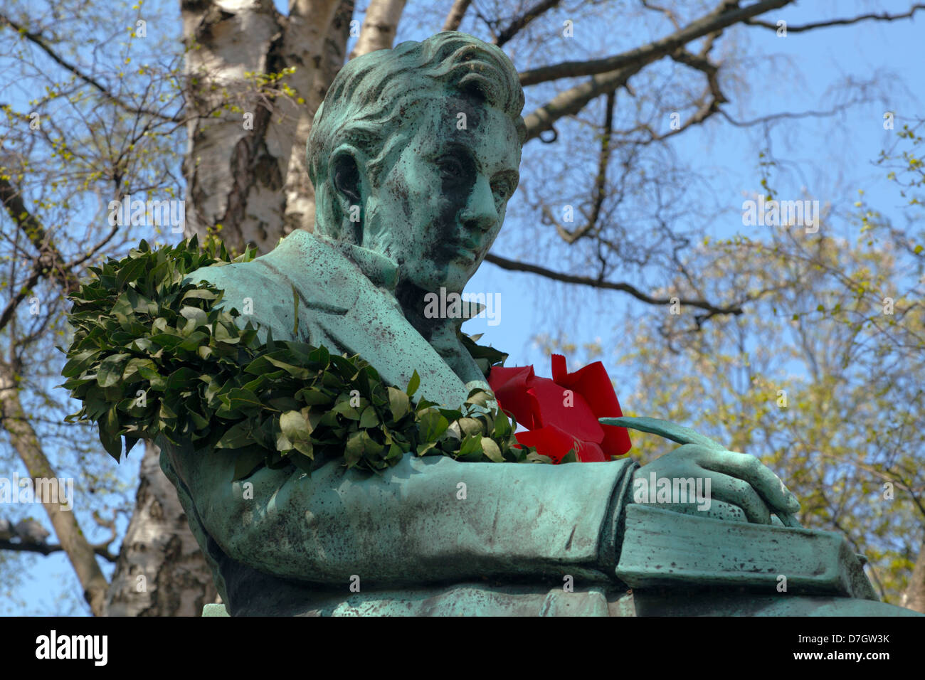 Anniversary wreathed statue of Søren Kierkegaard, Soeren Kirkegaard, born May 5 1813, commemorating his 200th birthday in the Royal Library Garden Stock Photo