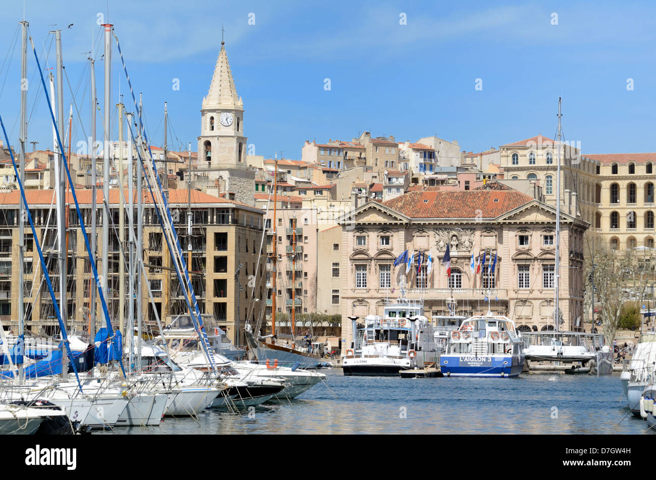 Town Hall or Mairie, Quay or Quayside, Quai du Port, Old Port and View of Panier Marseille France Stock Photo