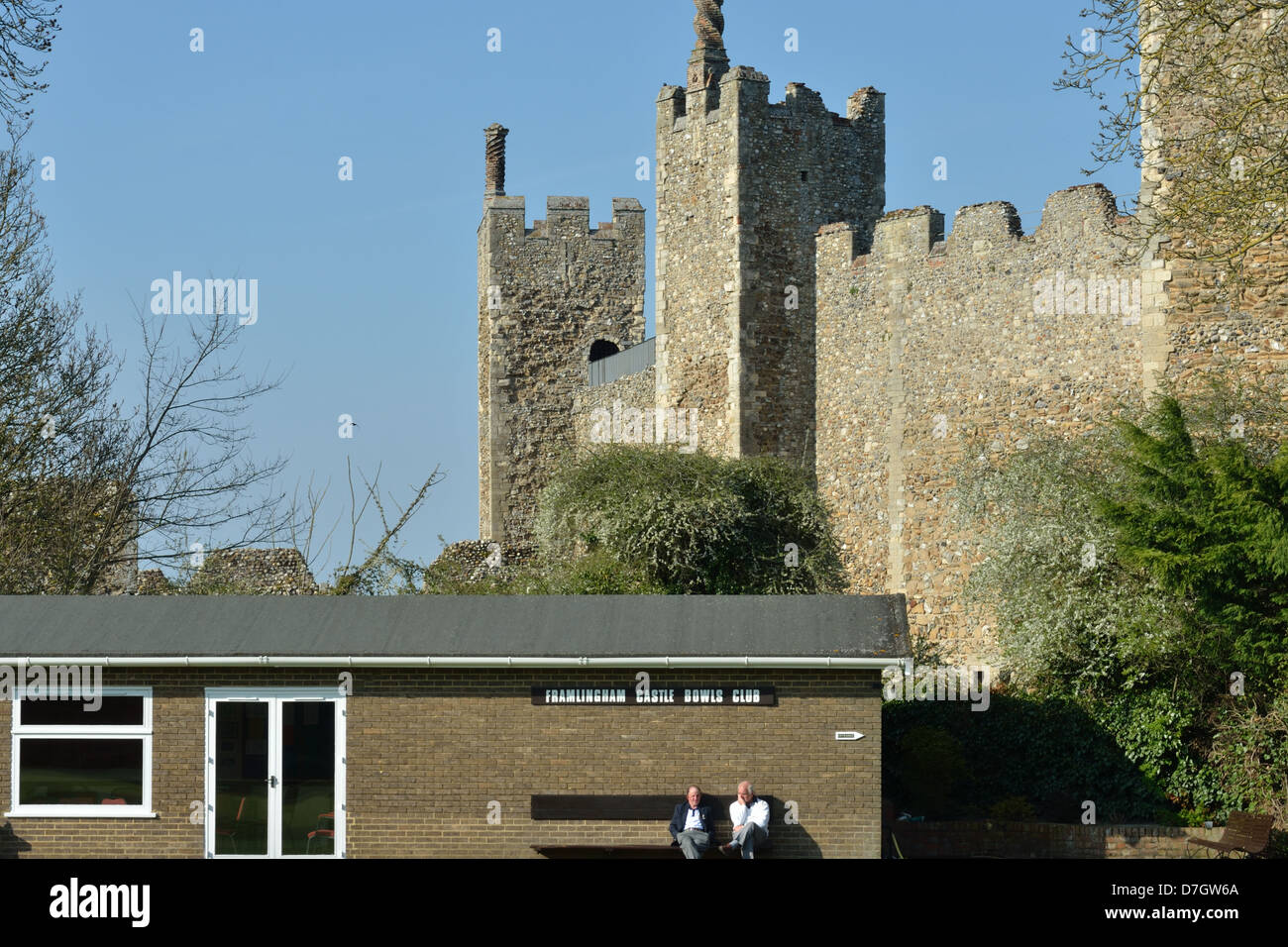 Framlingham castle Bowls Club with two men sitting Stock Photo