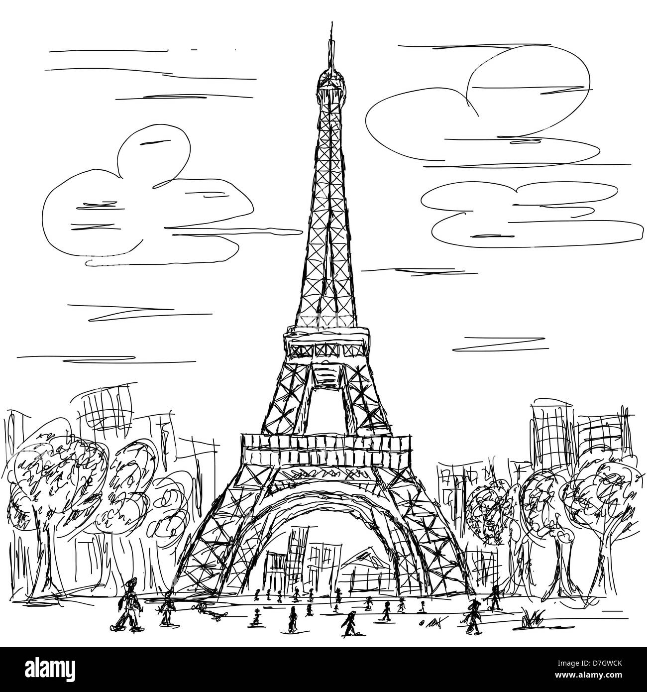 Hand Drawn Illustration Of Eifel Tower Paris France Tourist Stock