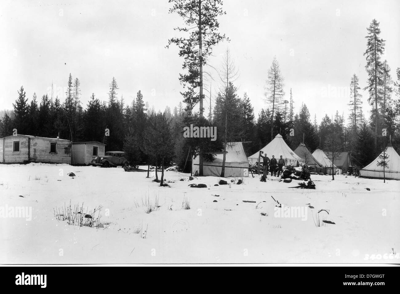 Emergency Relief Administration winter camp, Summit Creek, Whitman National Forest, Oregon Stock Photo