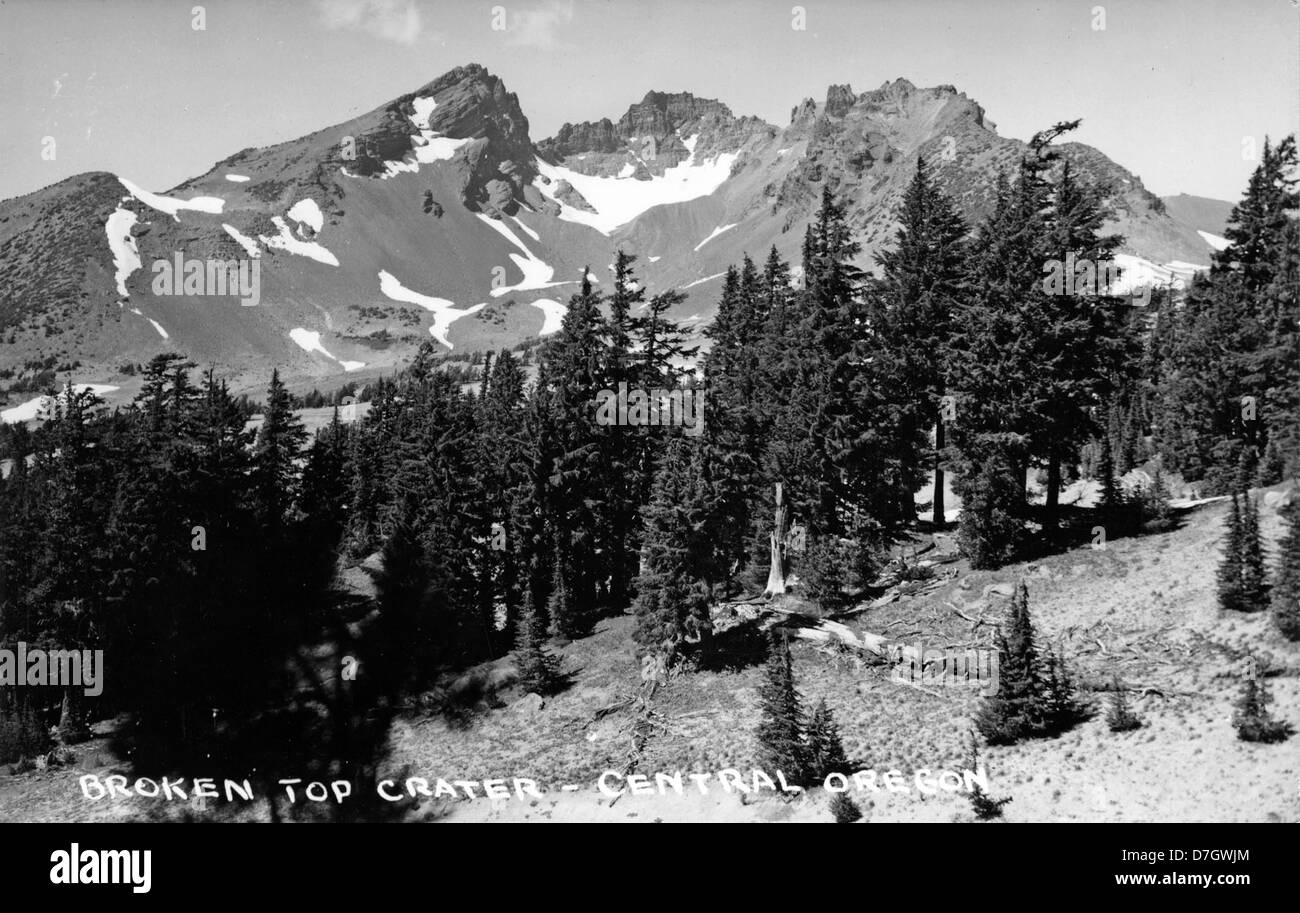 This photograph of Broken Top Crater, located in the Central Oregon Cascades, highlights the rugged and volcanic landscape of the region. The volcanic crater is part of the Cascade Range, known for its stunning mountain scenery and outdoor recreation opportunities. Stock Photo