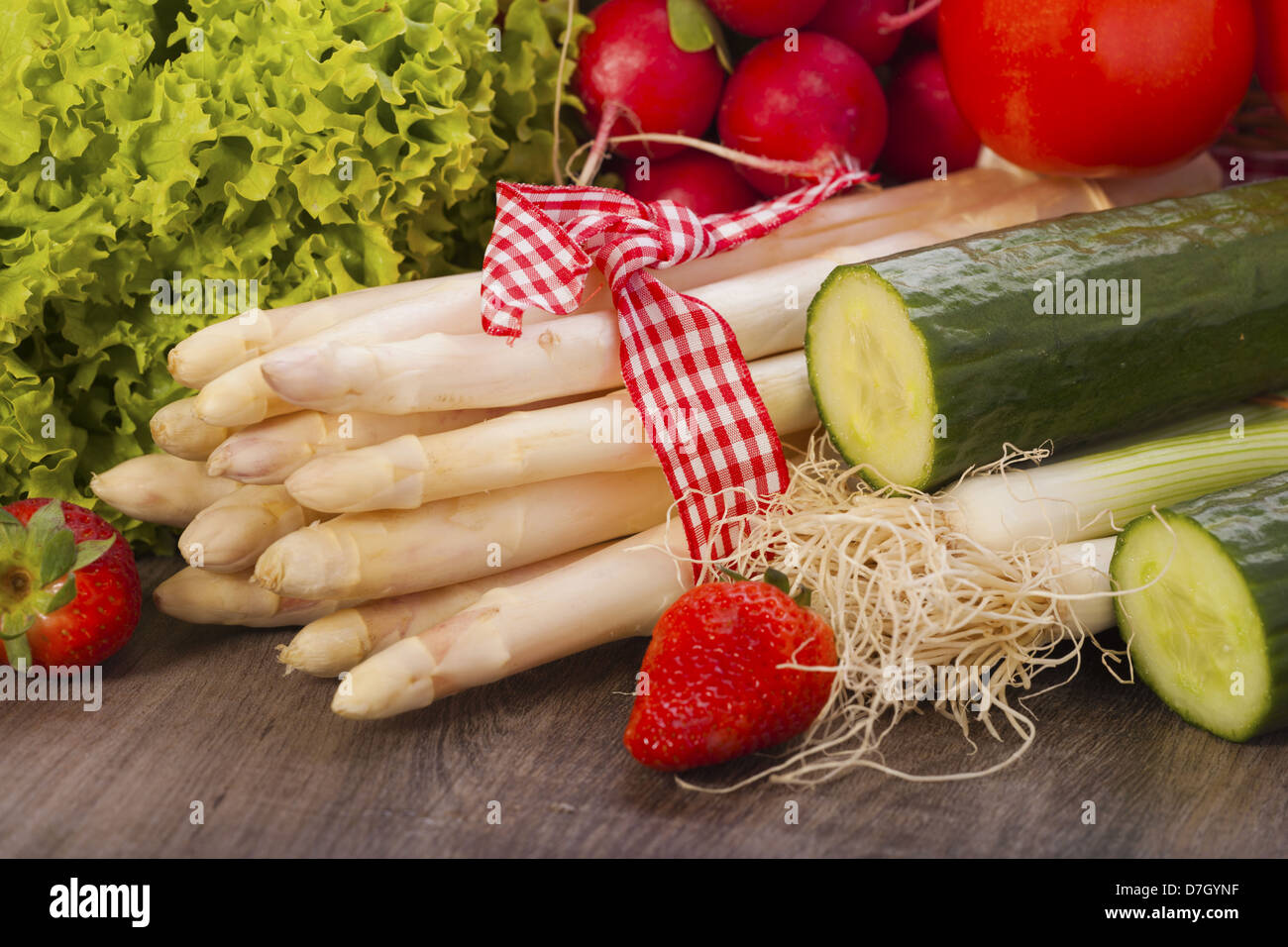 Harvest Fresh seasonal vegetables with asparagus and salad Stock Photo
