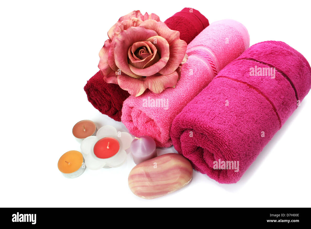 Spa Composition Two White Fluffy Towels Cotton Flowers Light