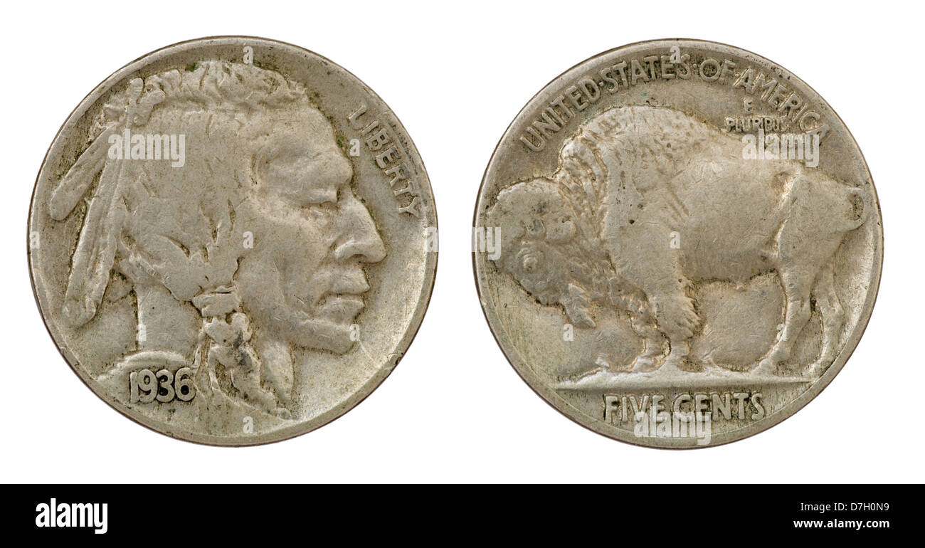 obverse and reverse of a 1936 indian head buffalo five cent nickel coin isolated on white Stock Photo