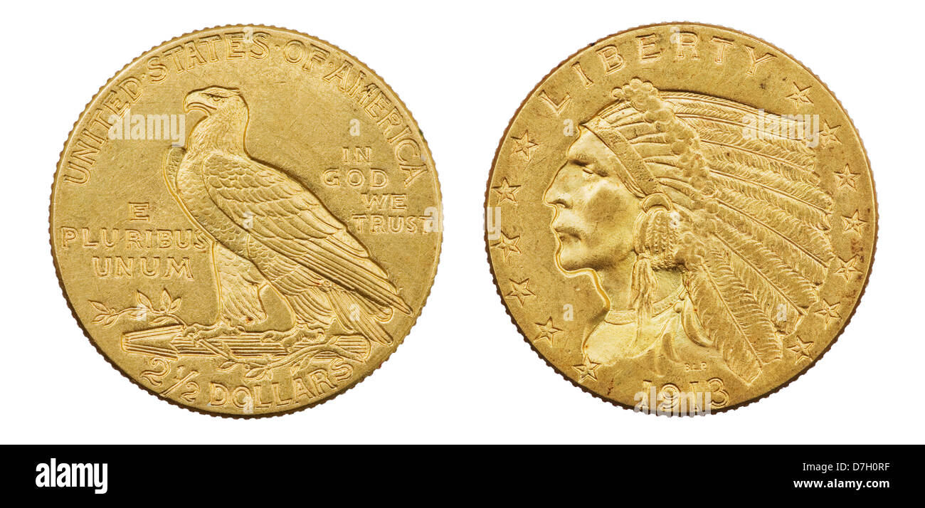 gold eagle two and a half dollar 1913 US coin with indian head isolated on white background Stock Photo