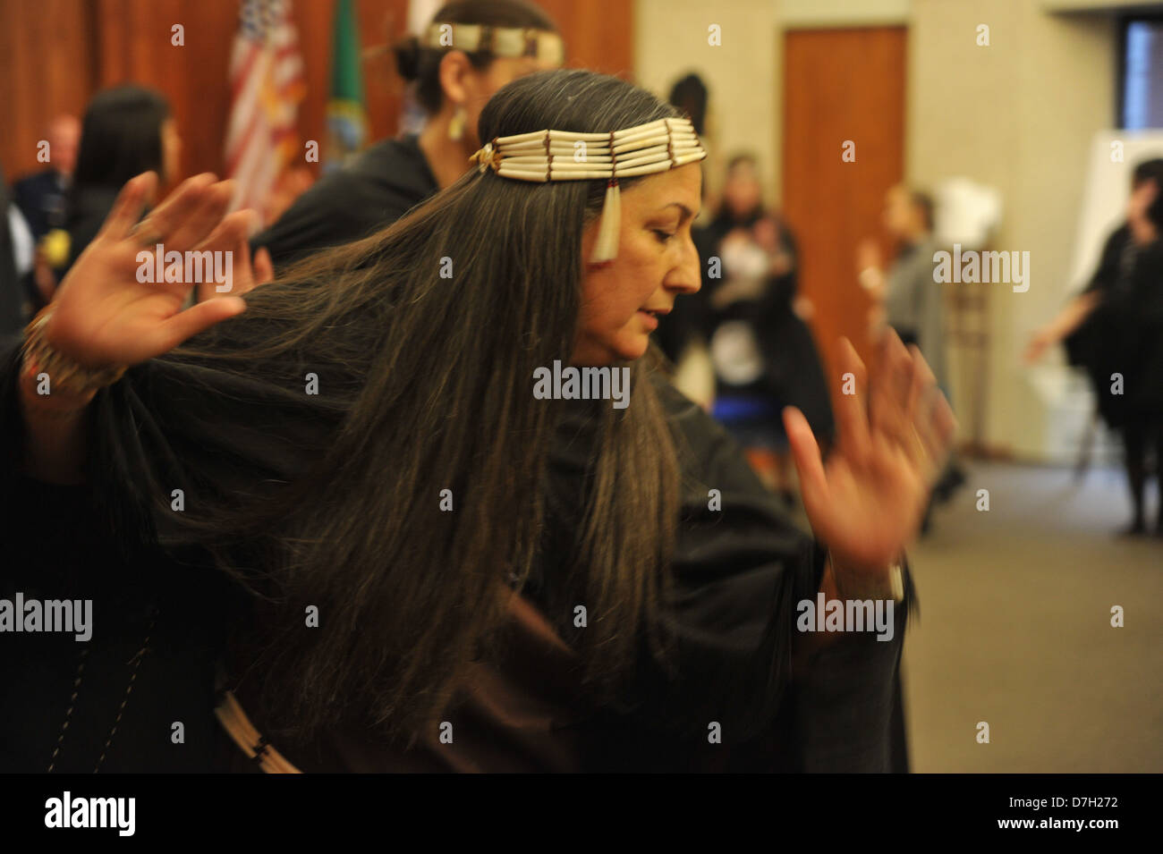 Makah Indian Tribe member performs in a dance Stock Photo