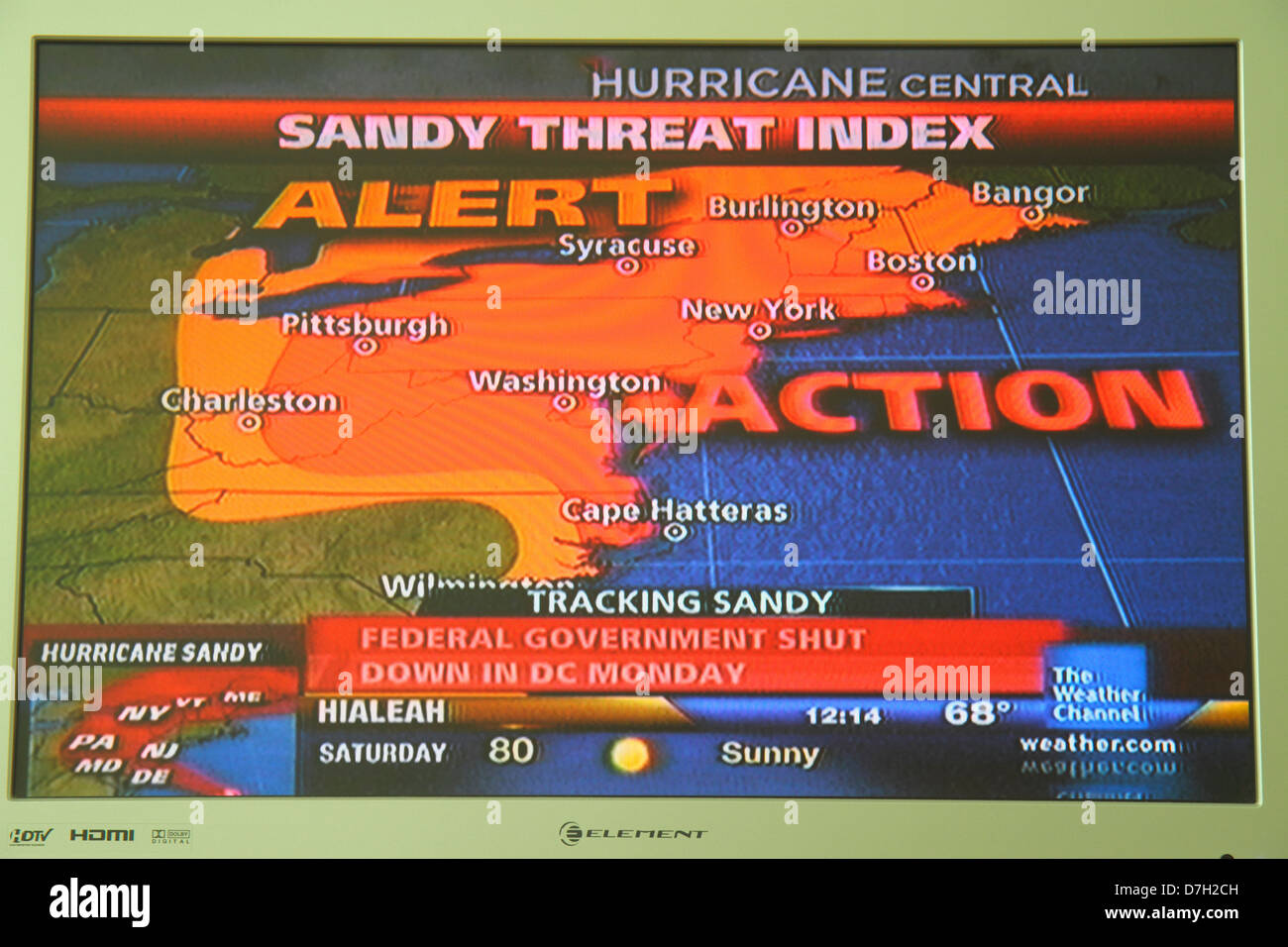 Miami Beach Florida,TV,television,set,screen,flat panel,HDTV,monitor,cable,The Weather Channel,Hurricane Sandy,superstorm,predicting,forecast,tracking Stock Photo