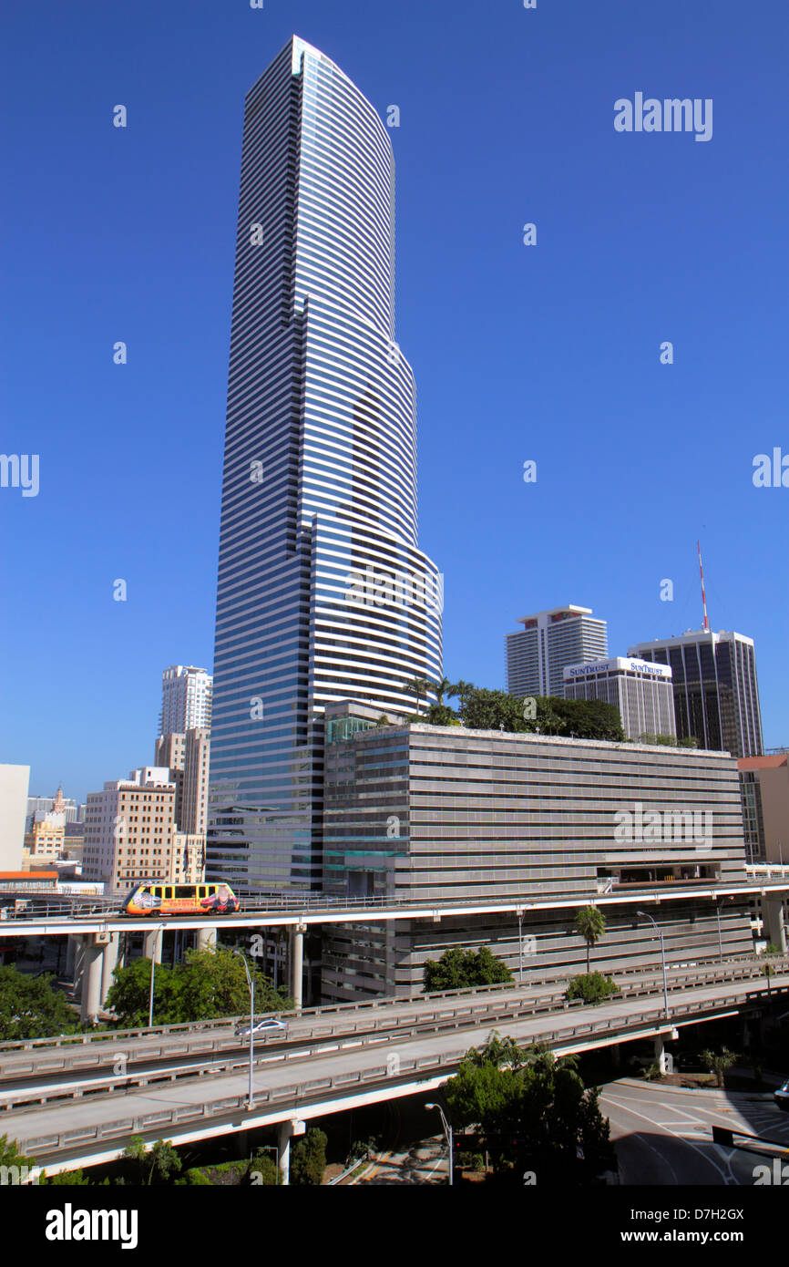Miami Florida,downtown,city skyline,I 95 Interstate exit ramps,highway,Metromover,people mover,office building,traffic,Miami Tower,high rise skyscrape Stock Photo