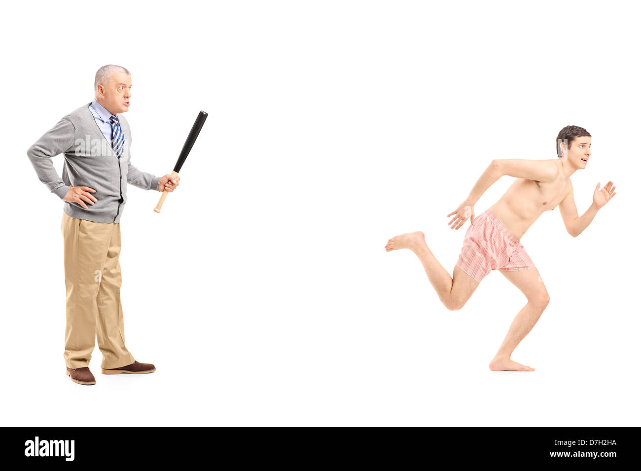 Angry man chasing a naked cheating man Stock Photo - Alamy