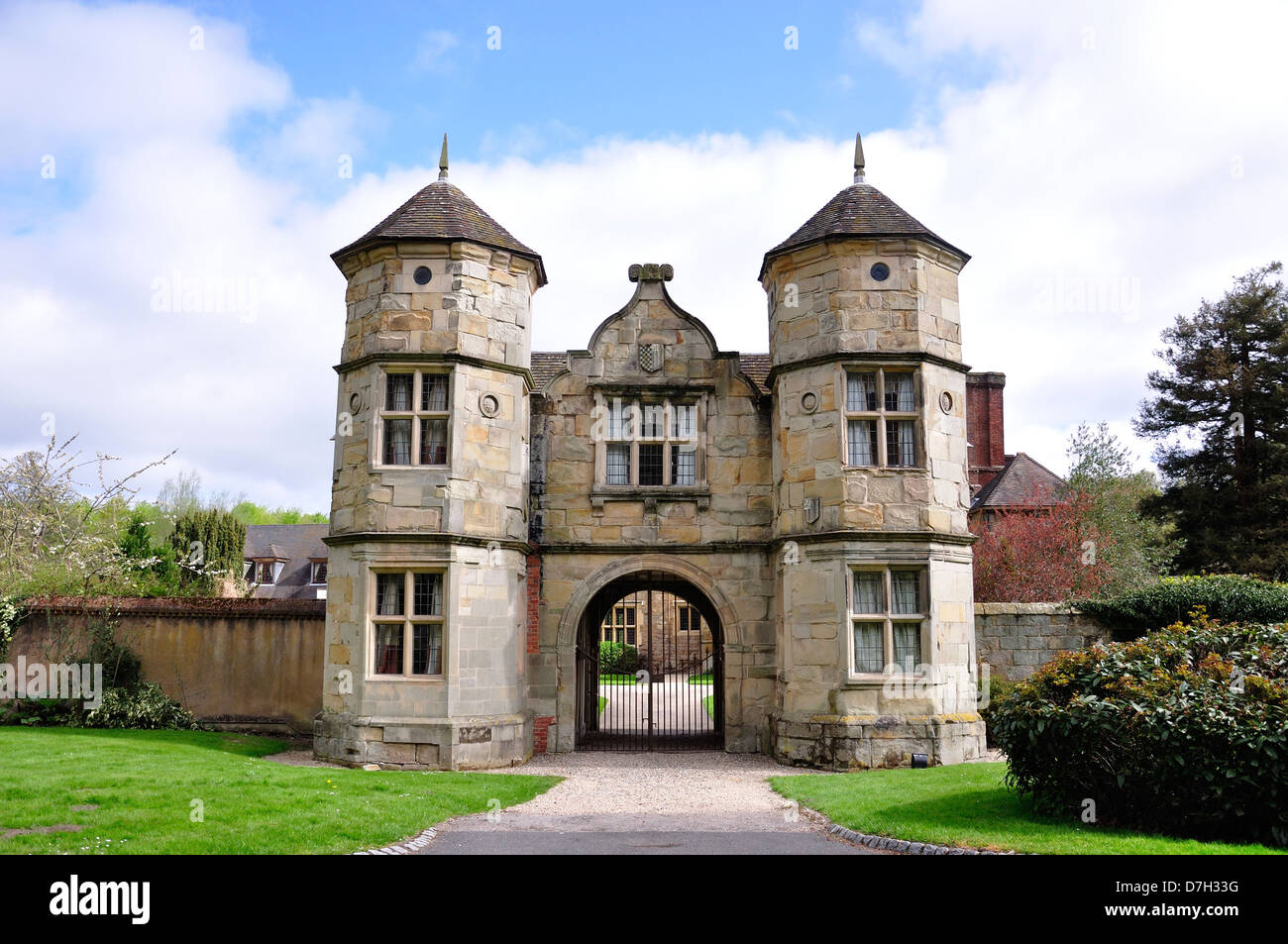Gatehouse at 16th century Mercure Telford Madeley Court Hotel, Castlefields Way, Madeley, Shropshire, England, United Kingdom Stock Photo