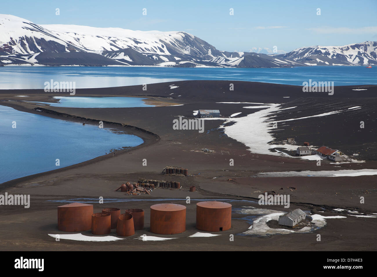 Remains of the Norwegian Hektor Whaling Station and the abandoned British Base B, Whaler's Bay, Deception Island, Antarctica Stock Photo