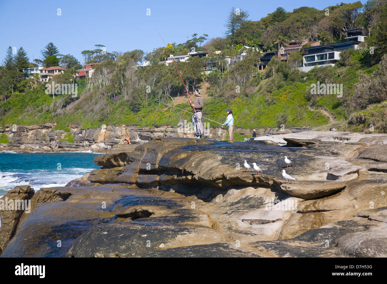 rock fishing at whale beach,sydney northern beaches,australia Stock