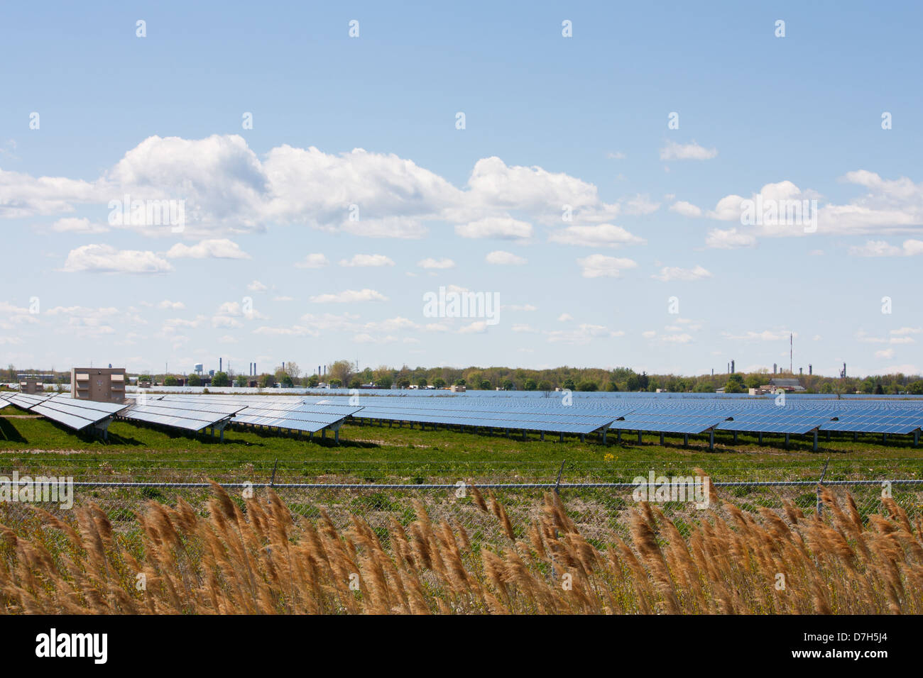 Acres of farmland covered with solar panels, at this large scale solar farm in Sarnia Ontario, Canada. Stock Photo