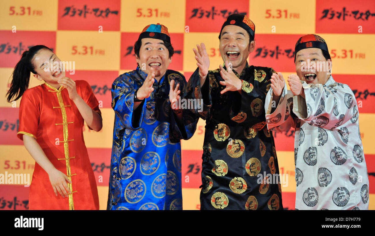 Tokyo, Japan. 7th May 2013. Chihiro Yamamoto and Dacho club. 4th World Youth Martial Arts Championship's medalist Chihiro Yamamoto(front  C) and Comedian Group 'Dacho Club' (Rear, L-R, Jimon Terakado, Katsuhiro Higo, Ryuhei Ueshima) attend an event for 'The Grandmaster' in Tokyo, Japan, on May 7, 2013. The film will open on May 31 in Japan. (Photo by AFLO/Alamy Live News) Stock Photo