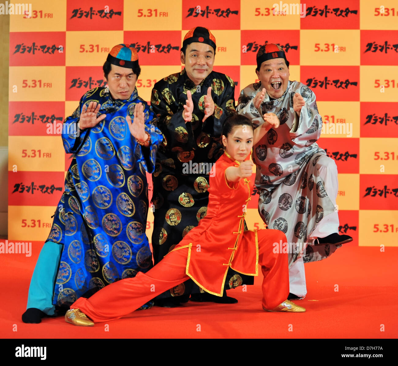 Tokyo, Japan. 7th May 2013. Chihiro Yamamoto and Dacho club. 4th World Youth Martial Arts Championship's medalist Chihiro Yamamoto(front  C) and Comedian Group 'Dacho Club' (Rear, L-R, Jimon Terakado, Katsuhiro Higo, Ryuhei Ueshima) attend an event for 'The Grandmaster' in Tokyo, Japan, on May 7, 2013. The film will open on May 31 in Japan. (Photo by AFLO/Alamy Live News) Stock Photo