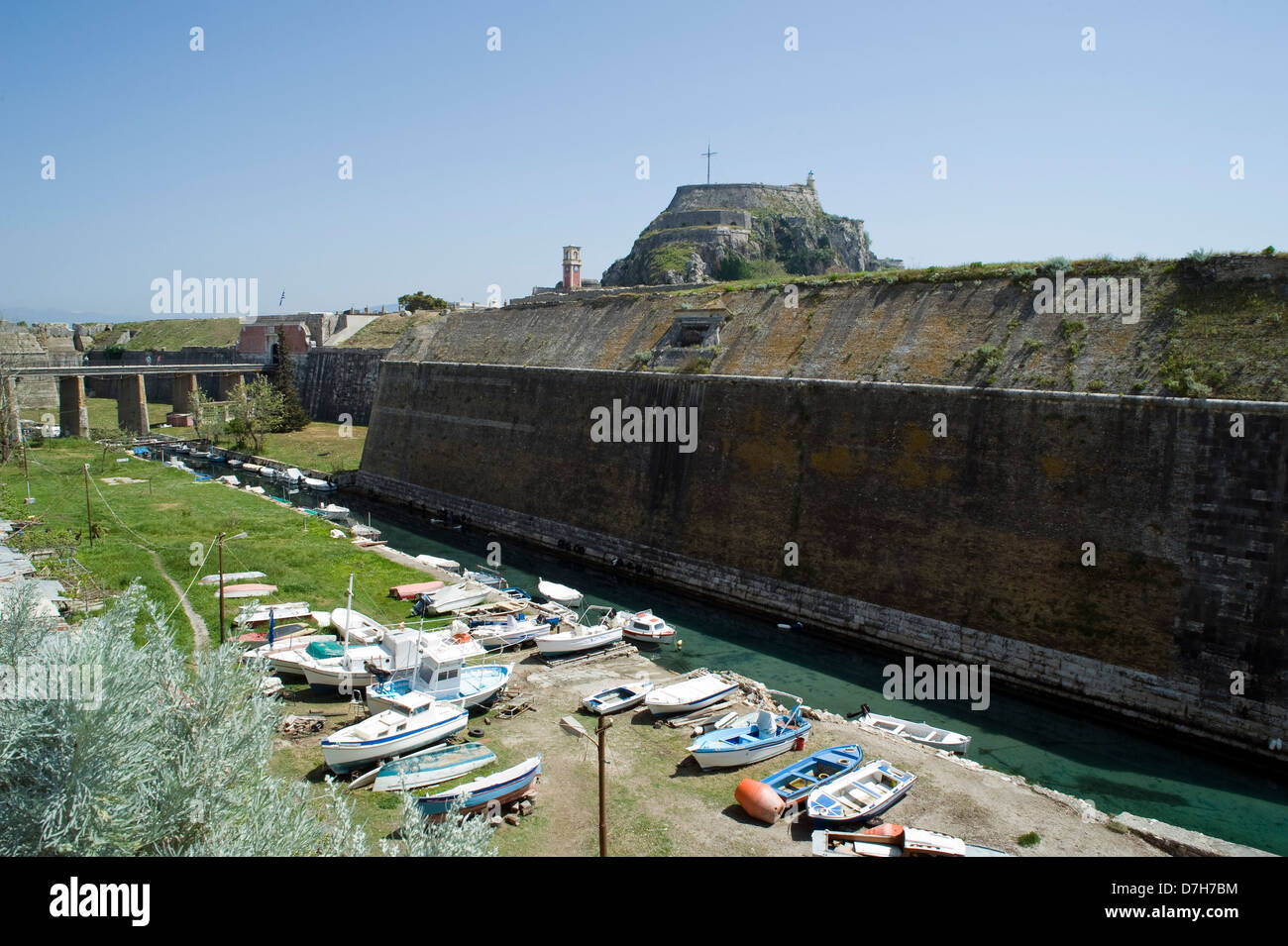 Greece, Corfu (or 'Kerkyra') island. The canal called 'Contrafossa', that separates the Old Fort from the old town. Greece Stock Photo