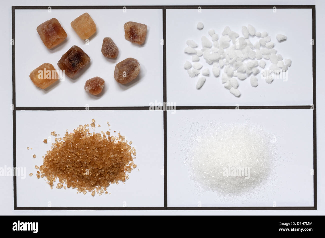 Assortment of sugar Brown rock candy sugar crystalsbrown sugar granulated sugar Stock Photo