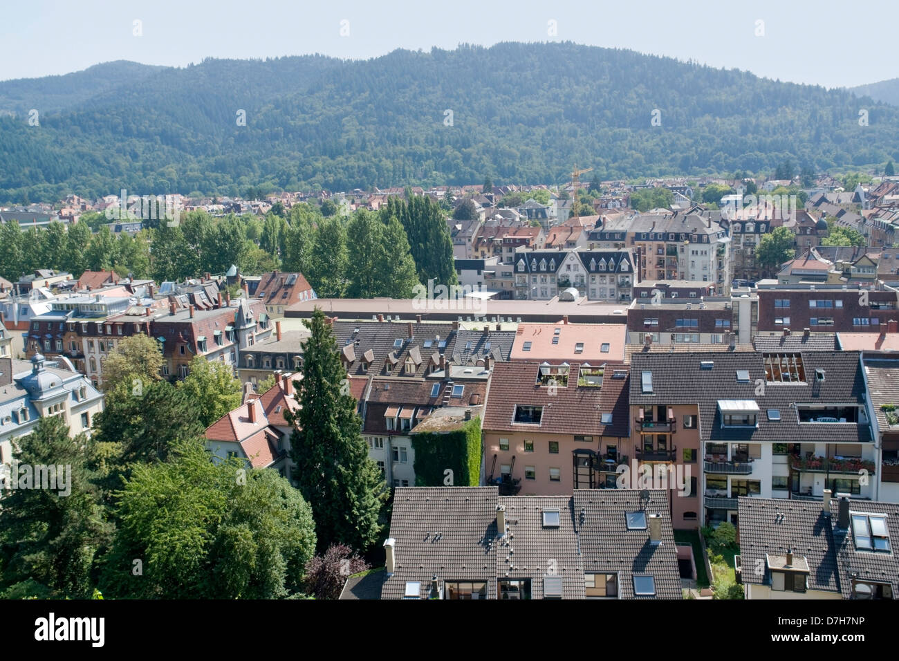 aerial view of Freiburg im Breisgau, a city in Baden-Wuerttemberg (Germany) at summer time Stock Photo