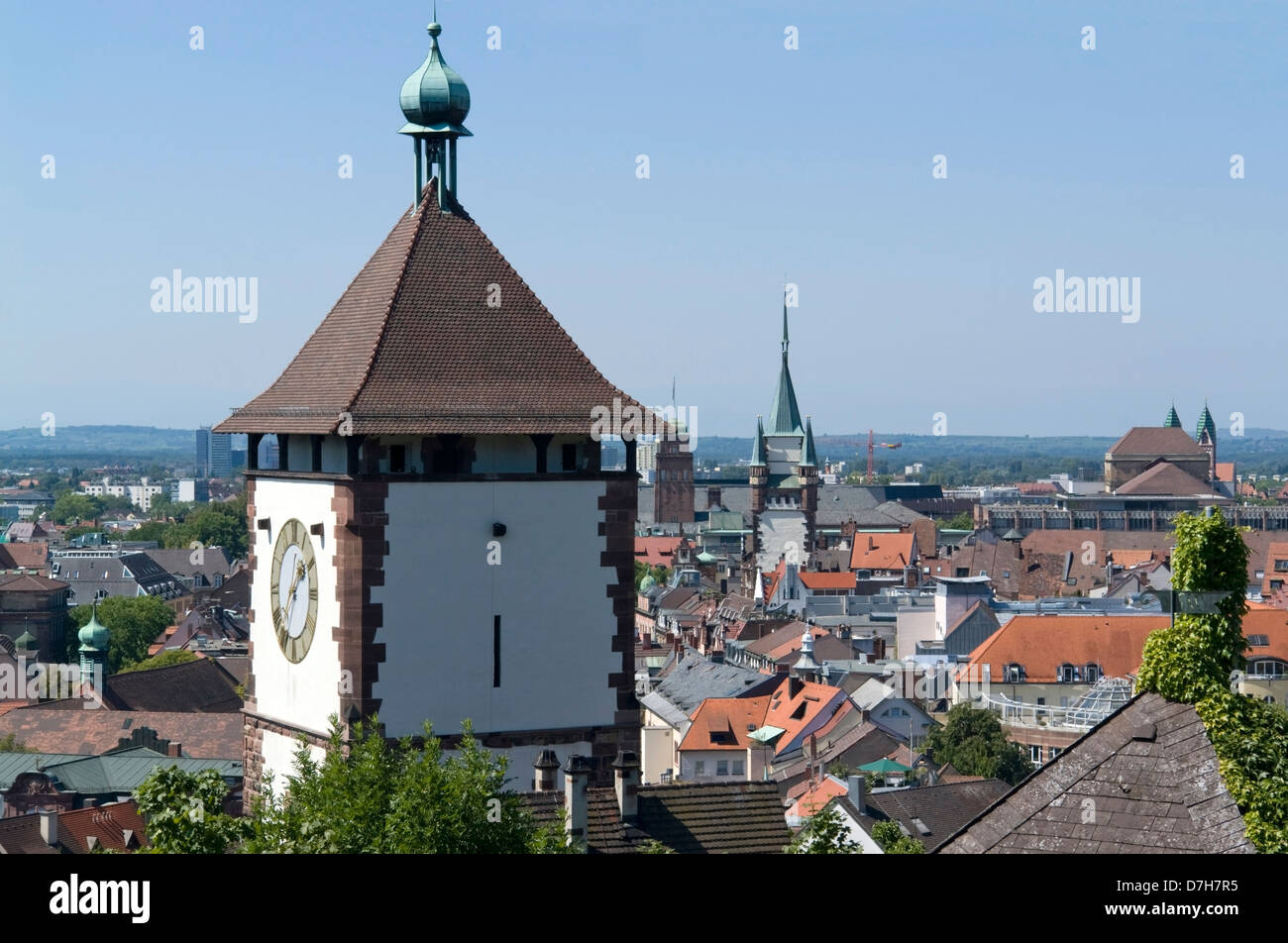 sunny aerial view of Freiburg im Breisgau, a city in Baden Wuerttemberg (Germany) at summer time Stock Photo