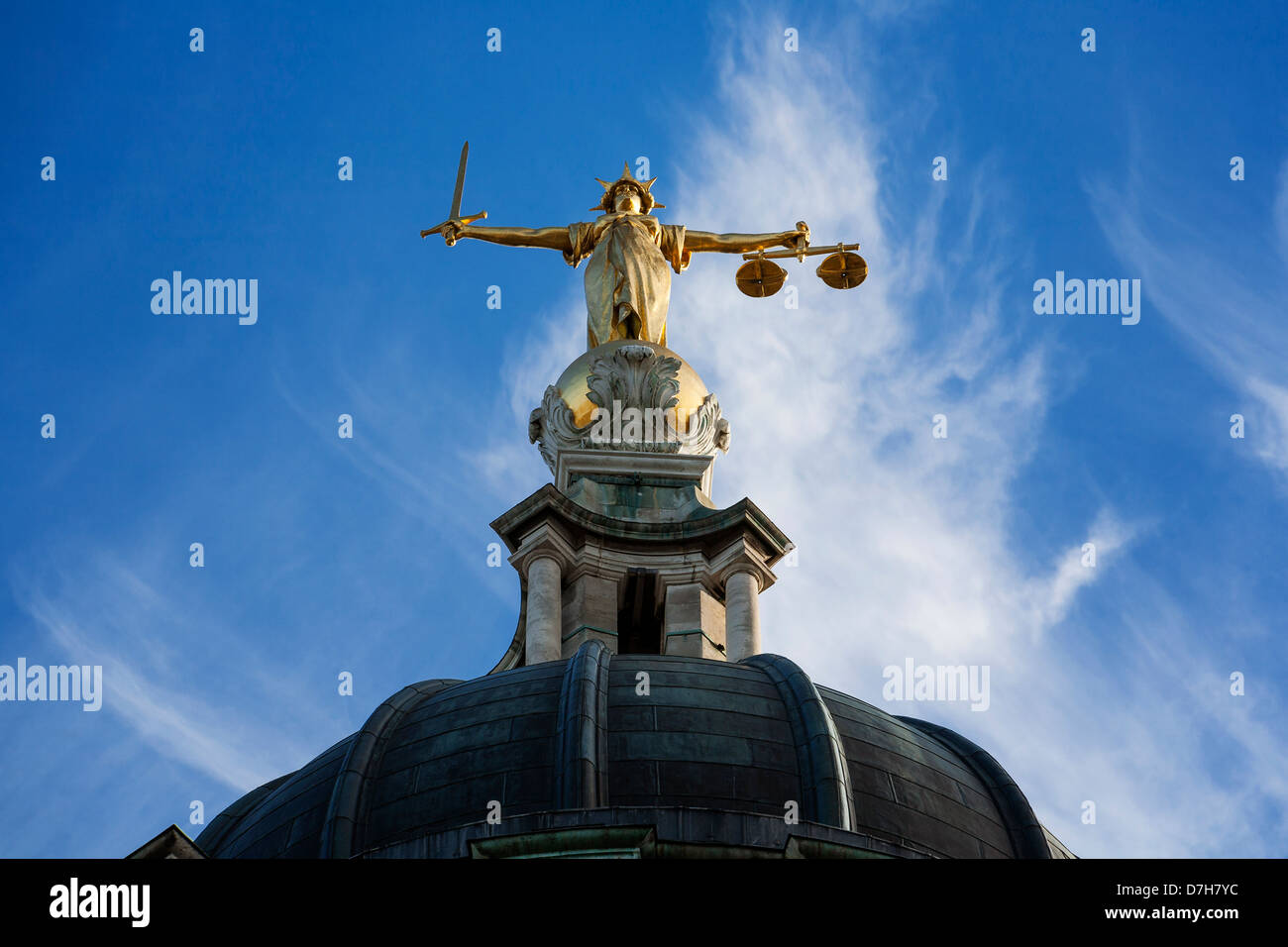 Gold Lady Justice Statue on the top of the Old Bailey in London