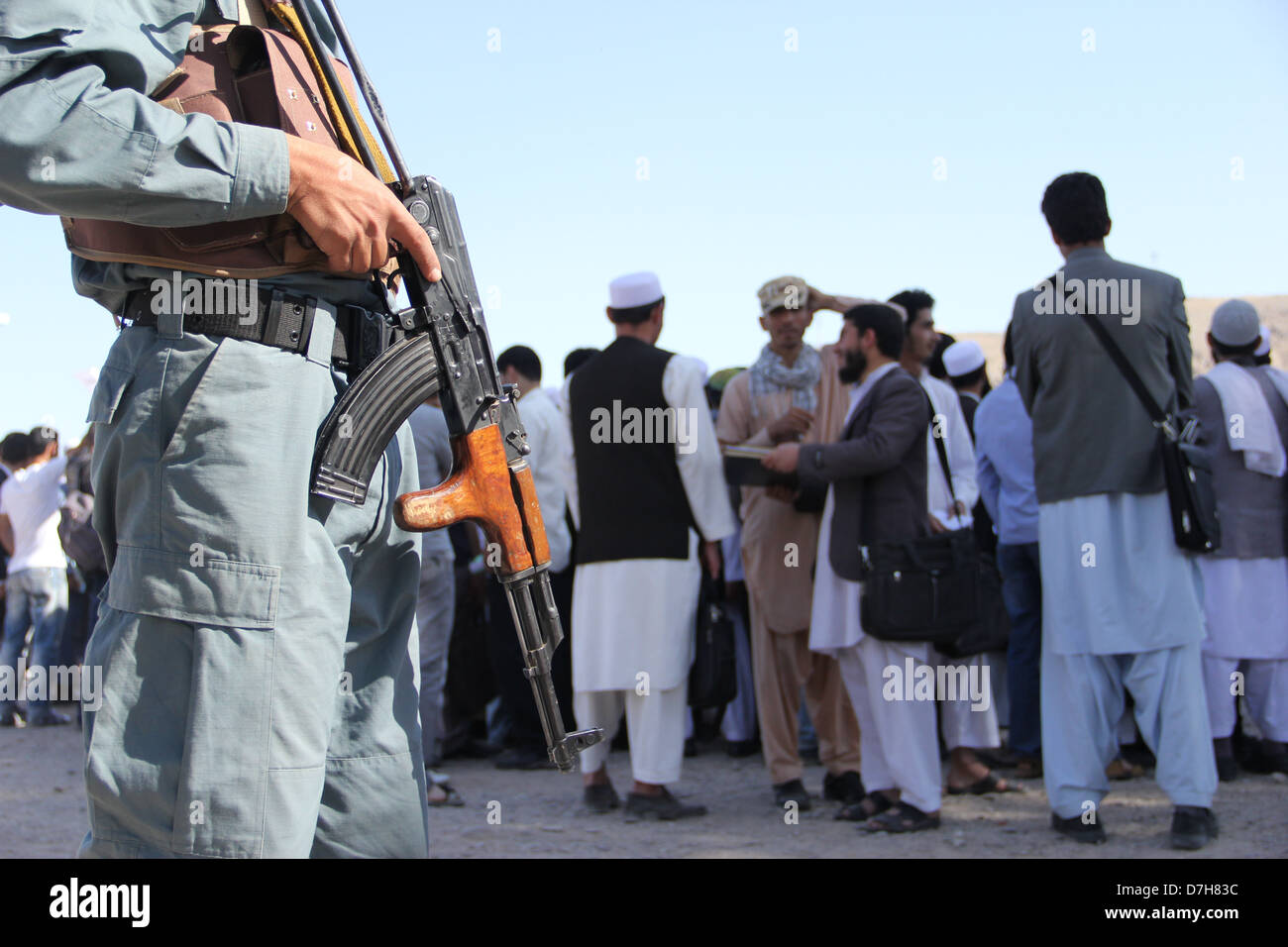 An Afghan police provide security , Herat University students supporting the Afghan security forces  for the  border war of Afgh Stock Photo