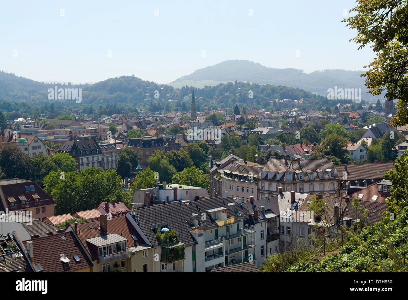 aerial view of Freiburg im Breisgau, a city in Southern Germany.Sunny illuminated scenery at summer time seen from a hill named Stock Photo