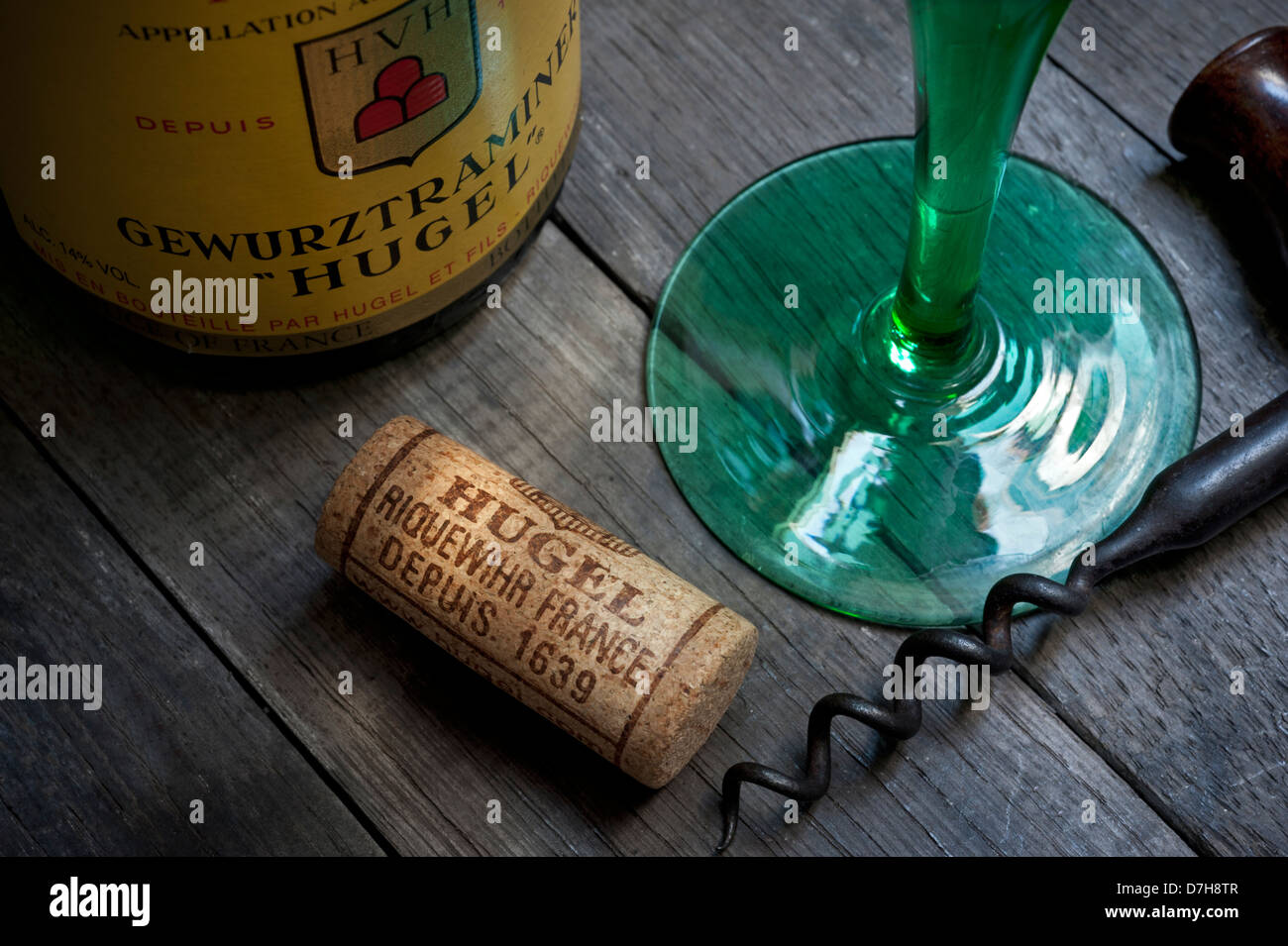 HUGEL ALSACE WINE TASTING CELLAR Gewurztraminer wine bottle glass and cork in wine cellar situation of renowned producer  Riquewihr Alsace France Stock Photo