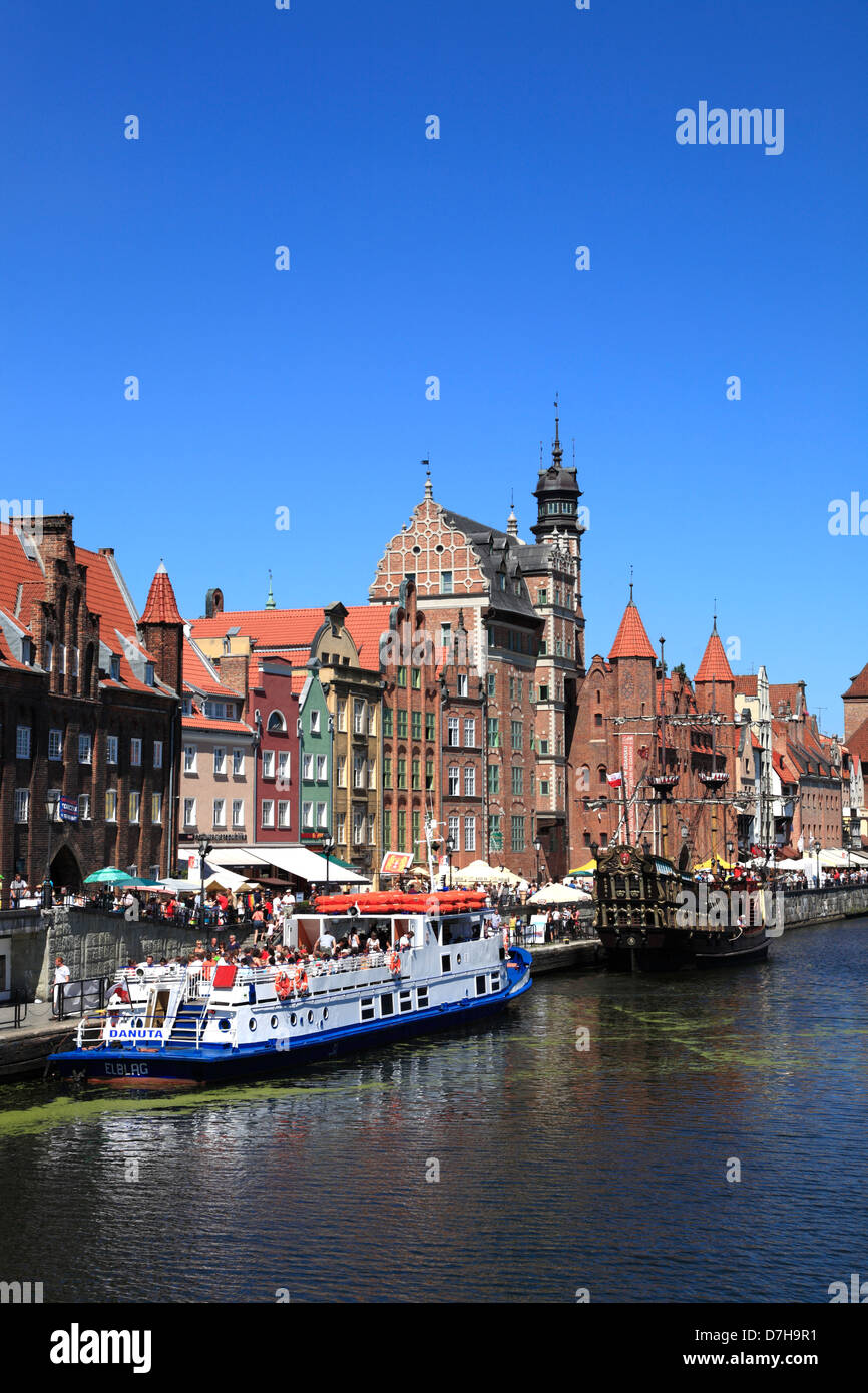 Tourist cruise ships,Crane Gate and Promenade at river Motlawa, Gdansk, Poland Stock Photo