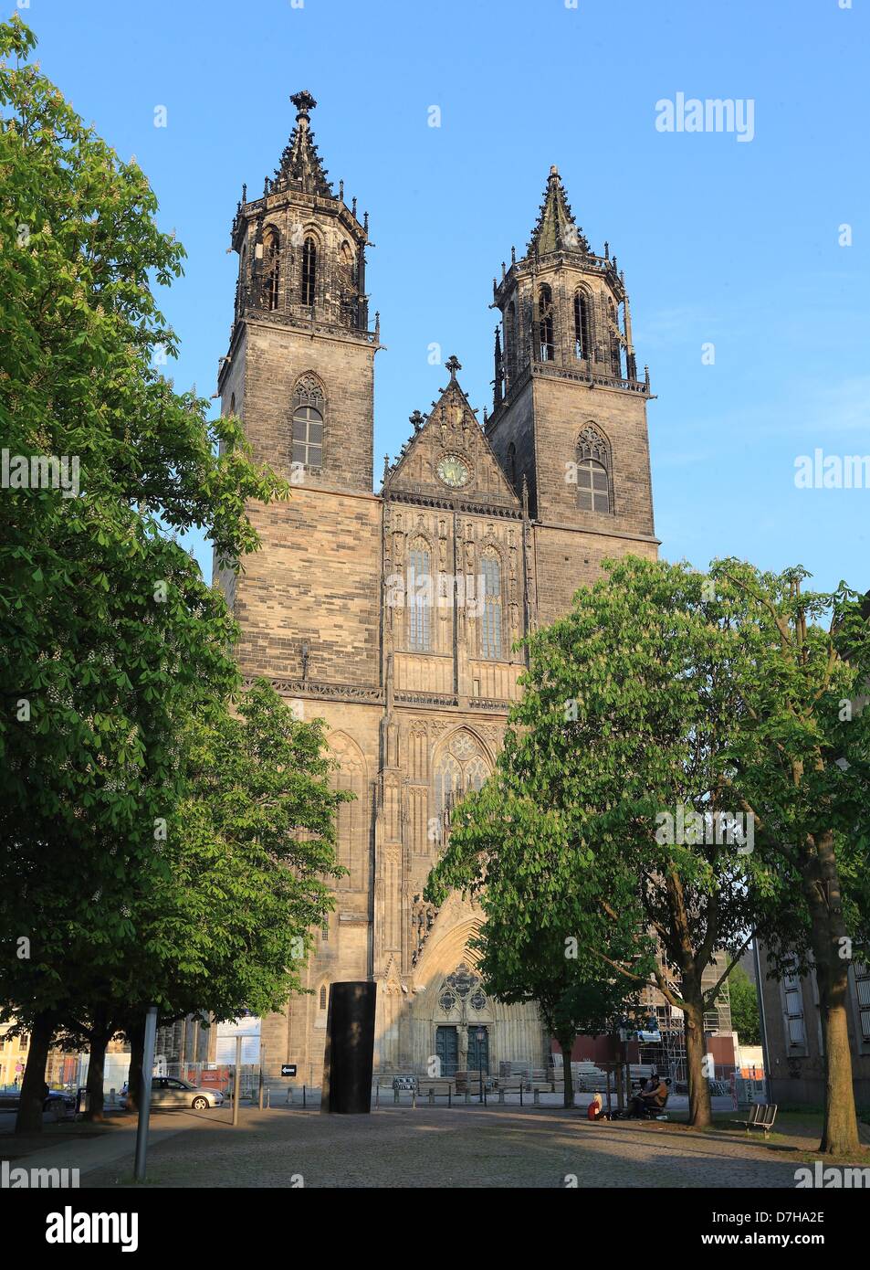 The Cathedral of Saints Catherine and Maurice is pictured on the Romanesque Road in Magdeburg, Germany, 05 May 2013. The 1.200-kilometers-long holiday road links 65 sites with 80 romanesque objects and is one of the most popular of its kind with nationally around 1.6 million visitors a year. Photo: Jens Wolf Stock Photo