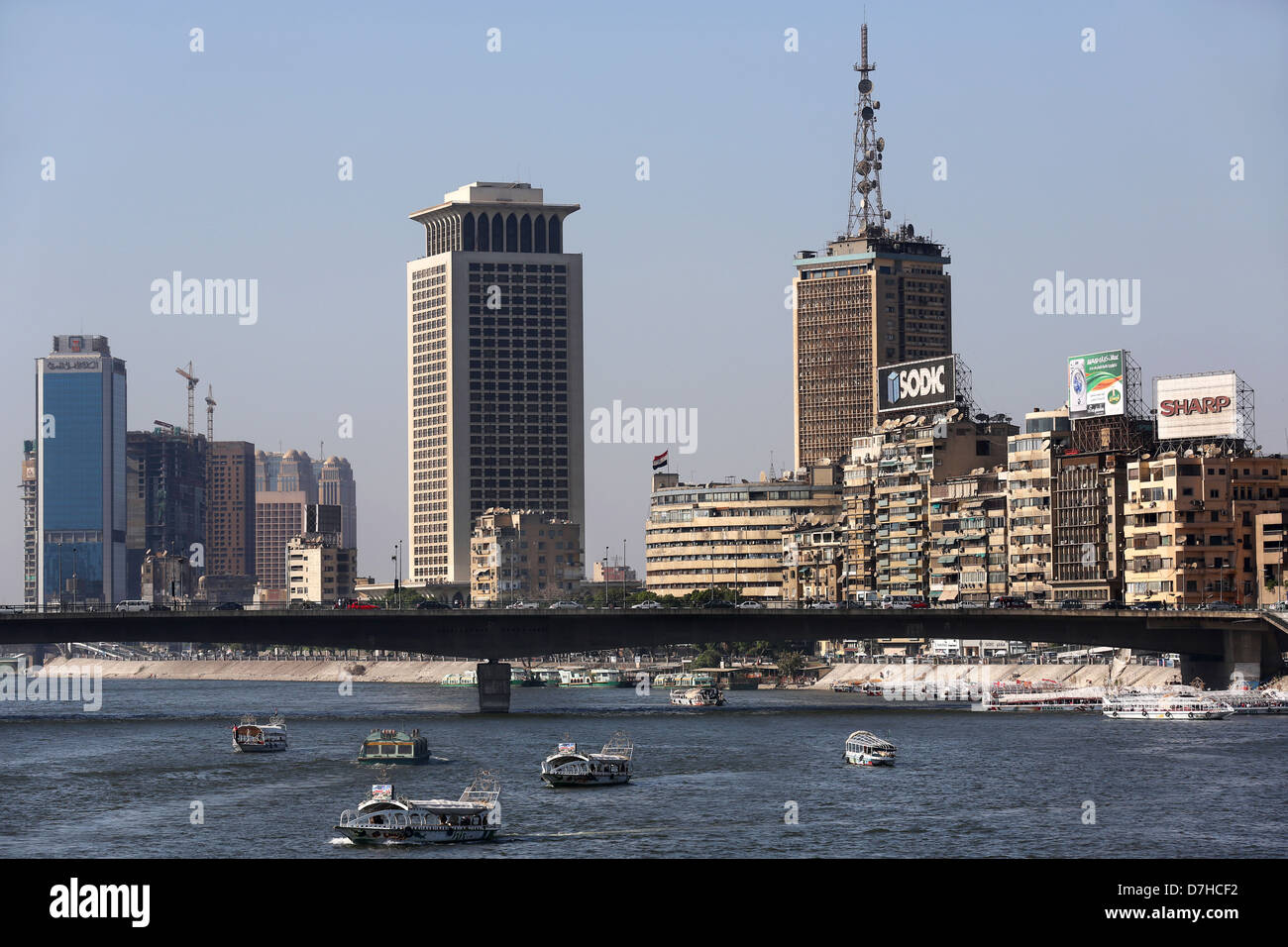 Aerial view of downtown Cairo and Nile, 6th October Bridge Stock Photo