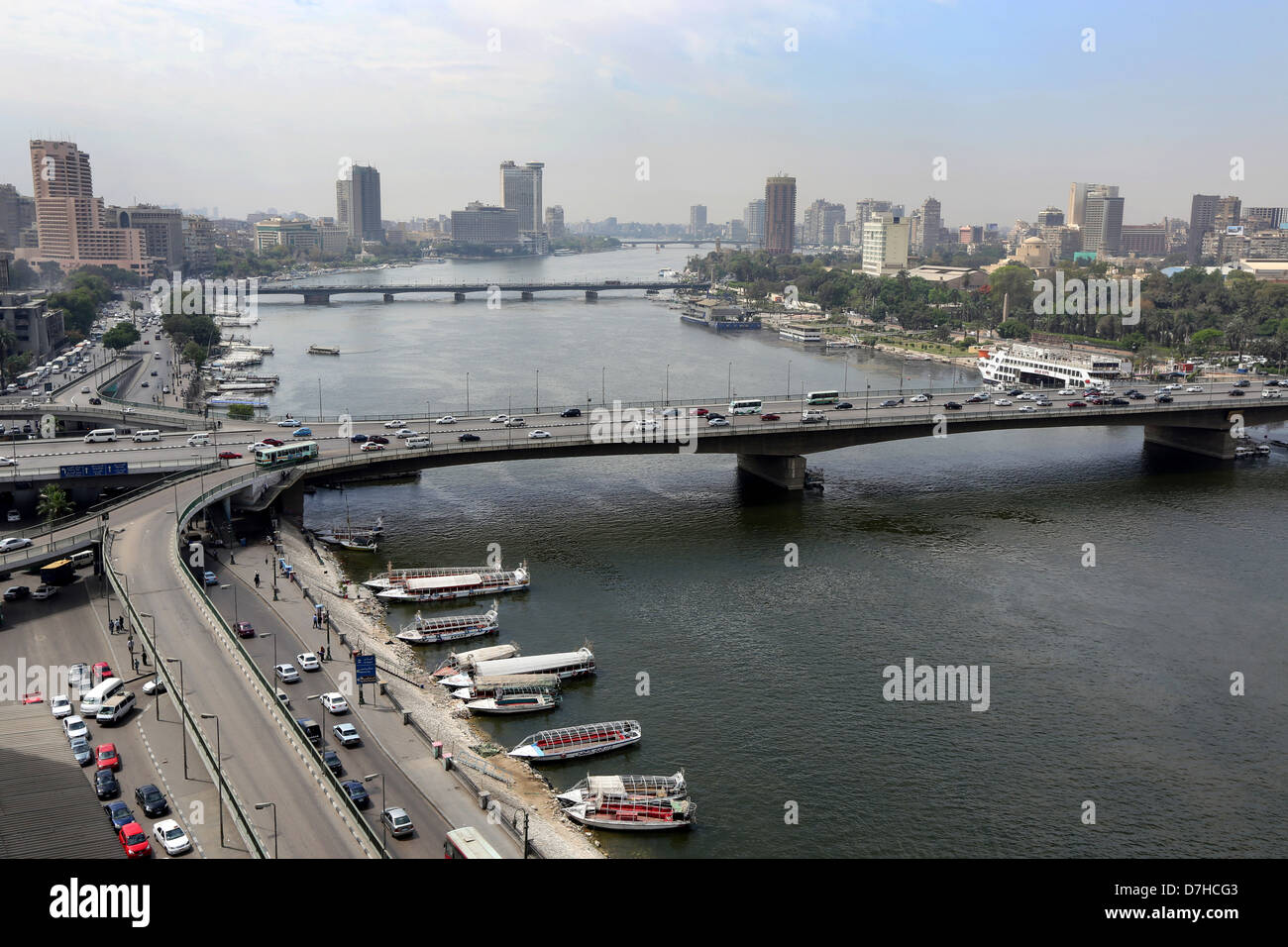 Aerial view of downtown Cairo and Nile, 6th October Bridge Stock Photo