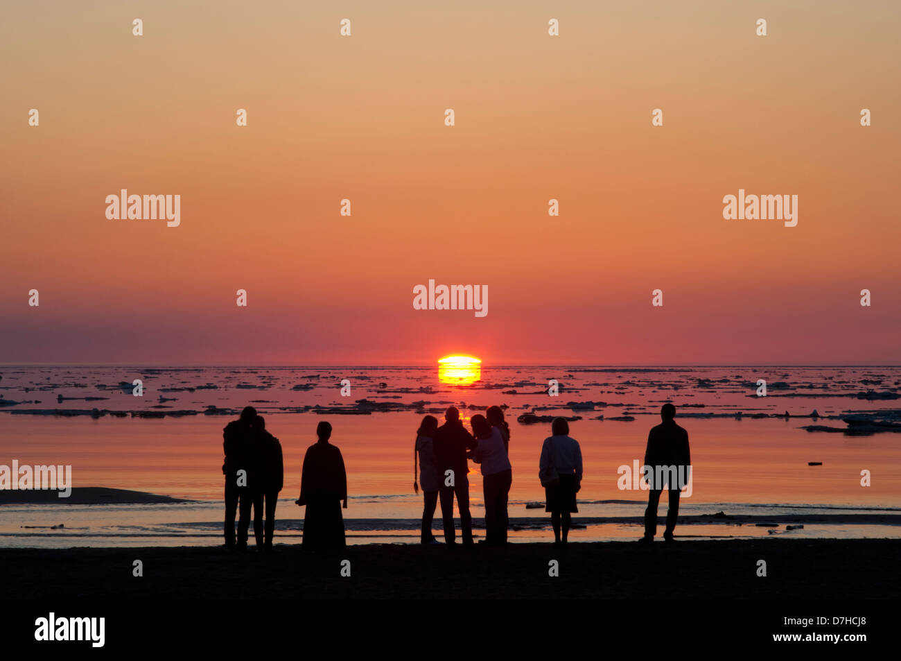 Sunset over Riga Bay. People and icebergs at Spring time Stock Photo ...