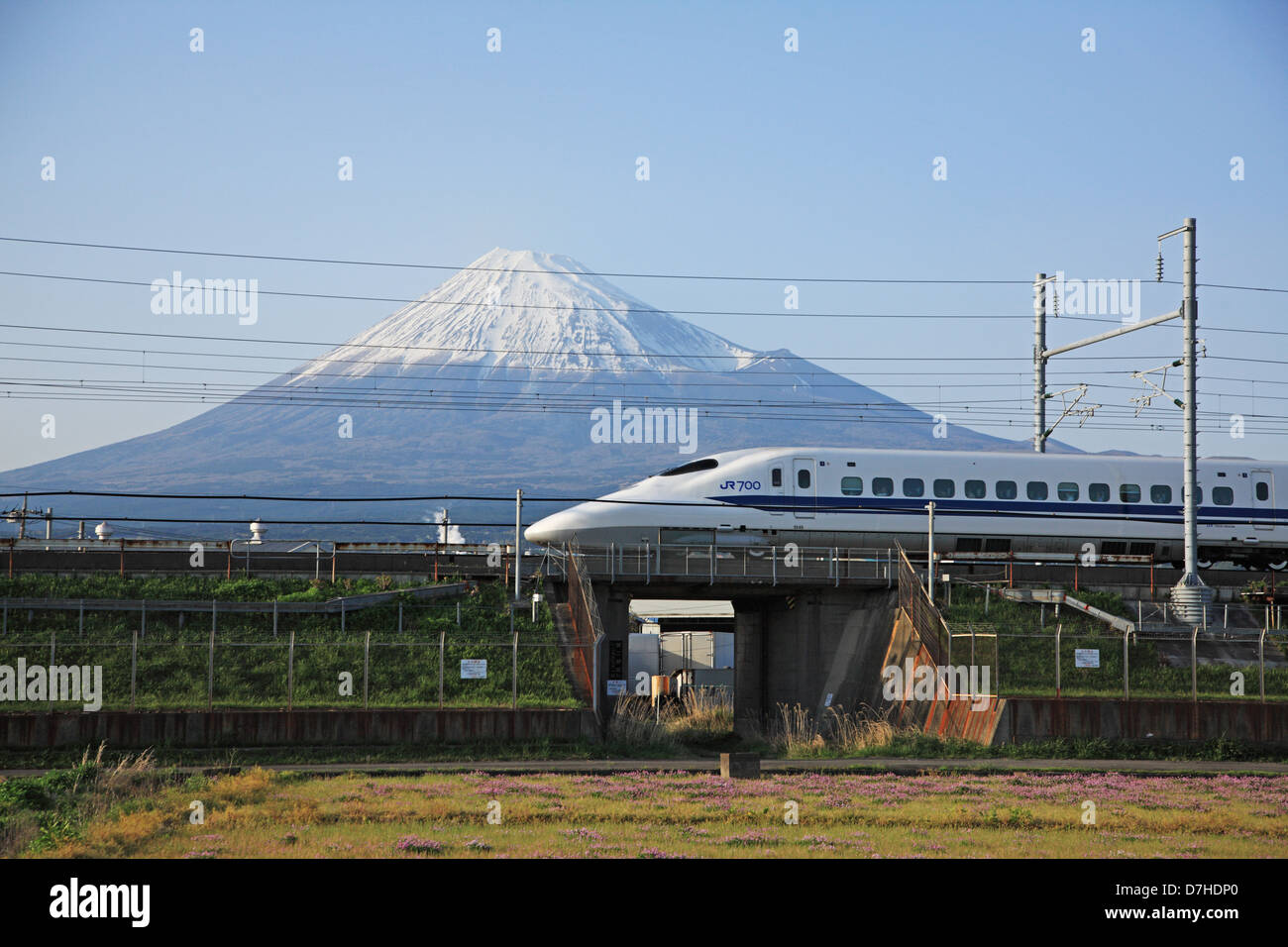 Japan, Shizuoka Prefecture, Fuji City, Mt. Fuji and Shinkansen Bullet Train Stock Photo