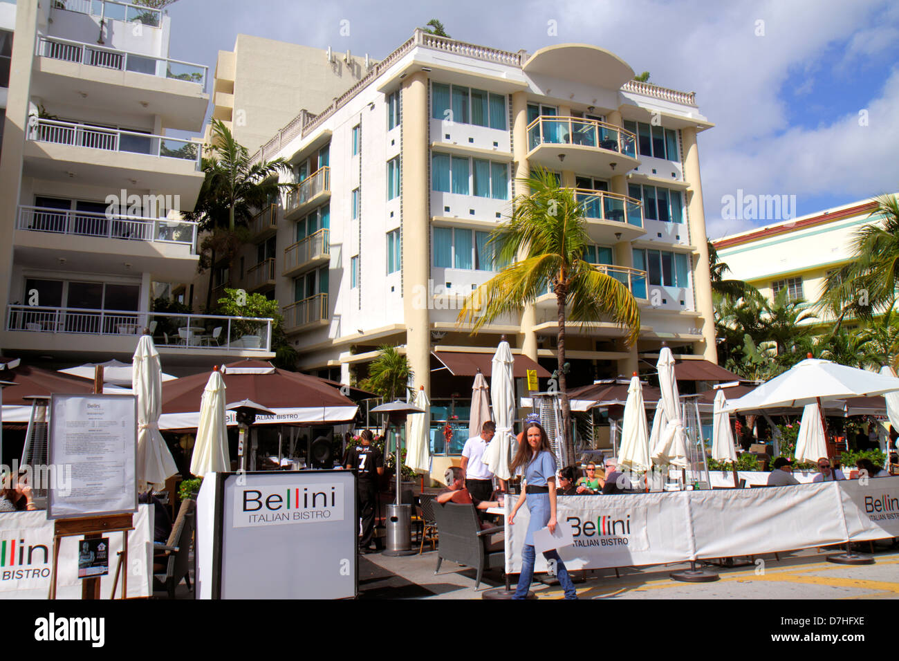 Miami Beach Florida,Ocean Drive,hotels,restaurant restaurants food dining eating out cafe cafes bistro,al fresco sidewalk outside open air tables,dini Stock Photo
