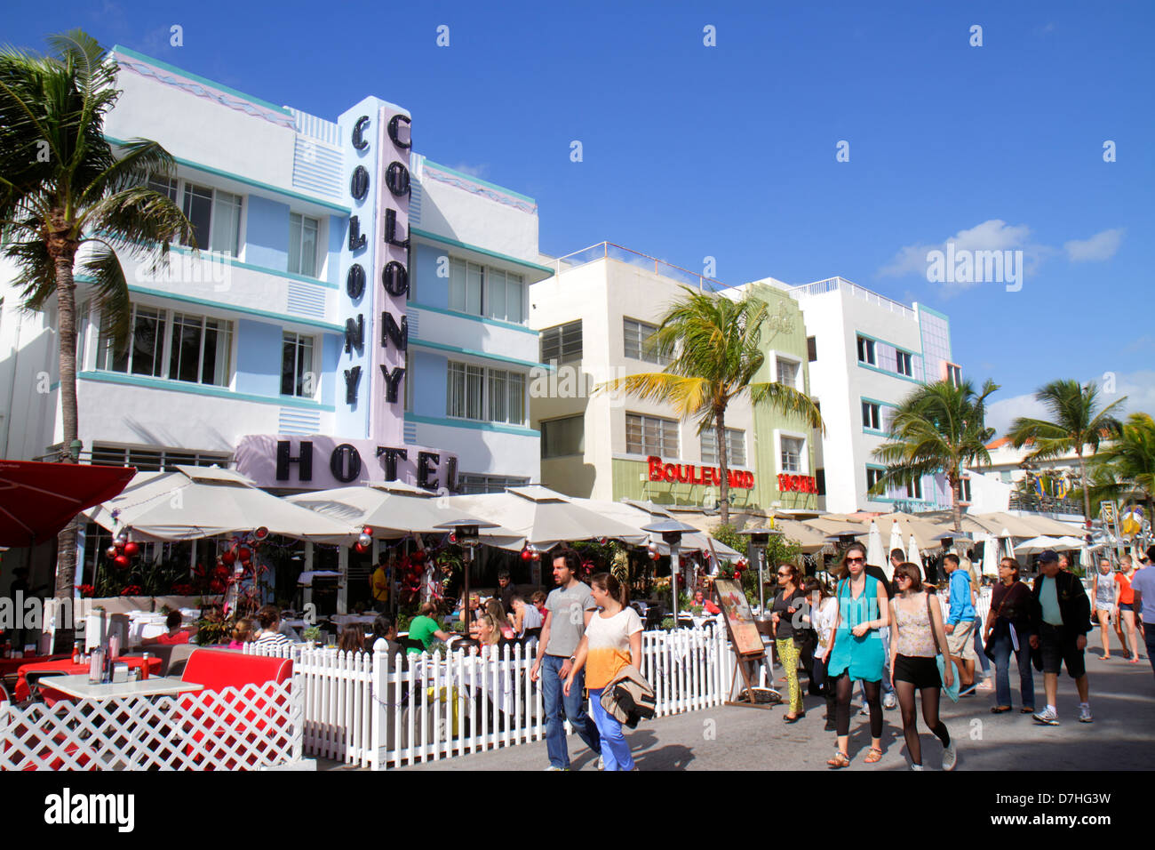 Miami Beach Florida,Ocean Drive,hotels,restaurant restaurants food dining cafe cafes,al fresco sidewalk outside tables,front,entrance,tables,umbrellas Stock Photo