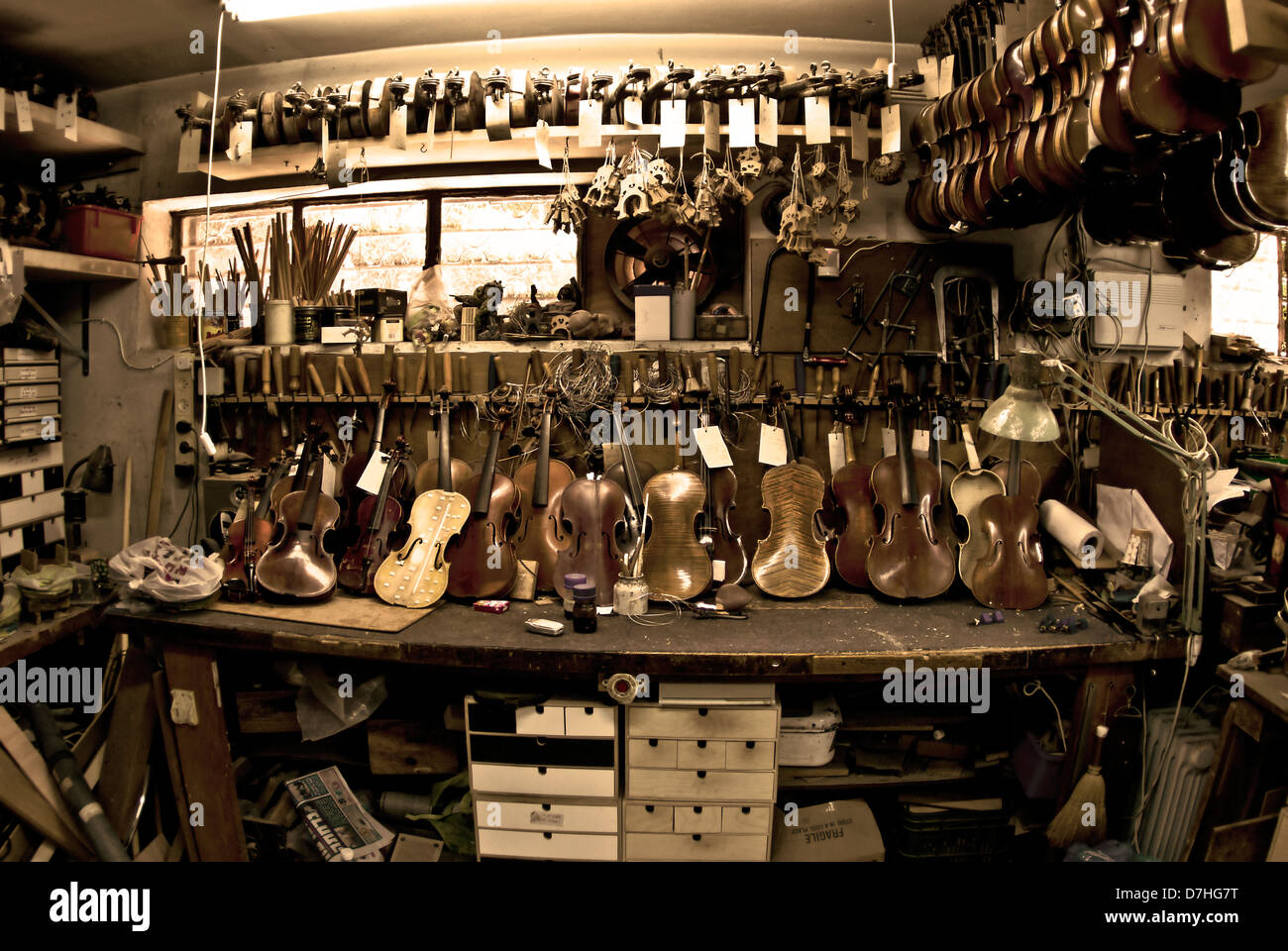 Violin repair workshop Stock Photo
