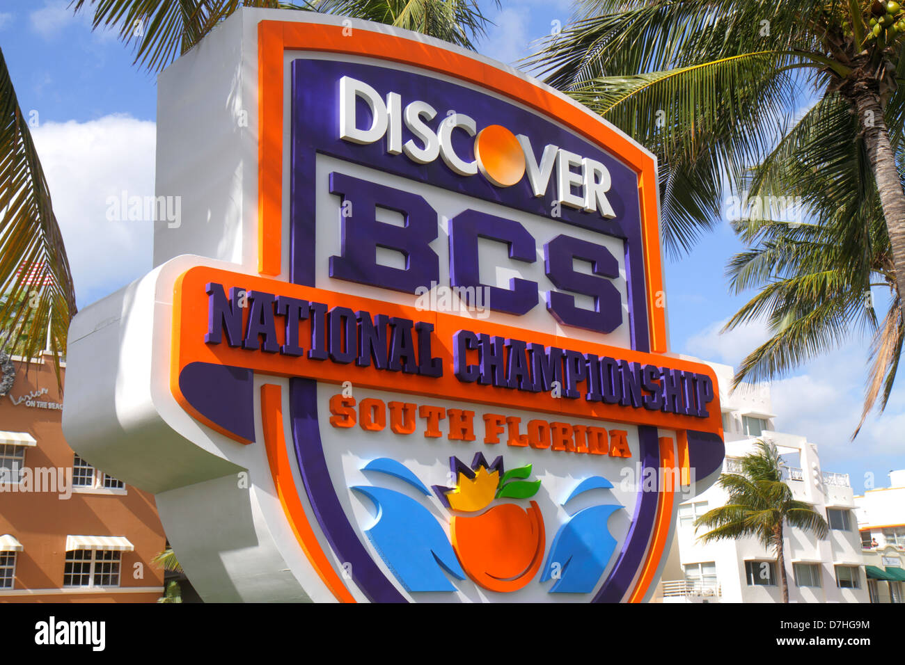 Miami Beach Florida,Lummus Park,Discover BCS National Championship,college football,sign,logo,FL121231137 Stock Photo