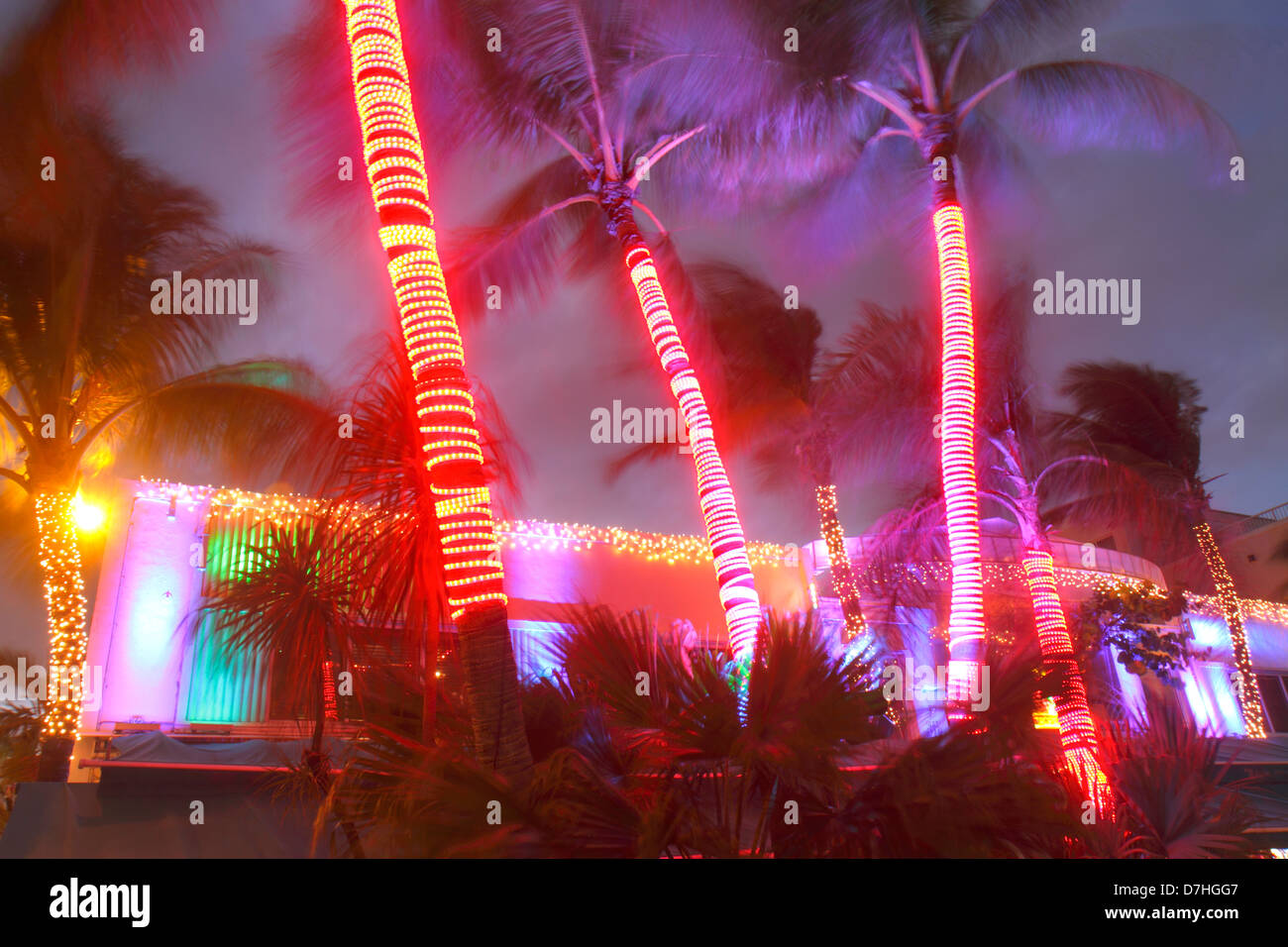 Miami Beach Florida,Ocean Drive,hotels,restaurant restaurants food dining eating out cafe cafes bistro,Mangos Tropical Cafe,night nightlife evening af Stock Photo