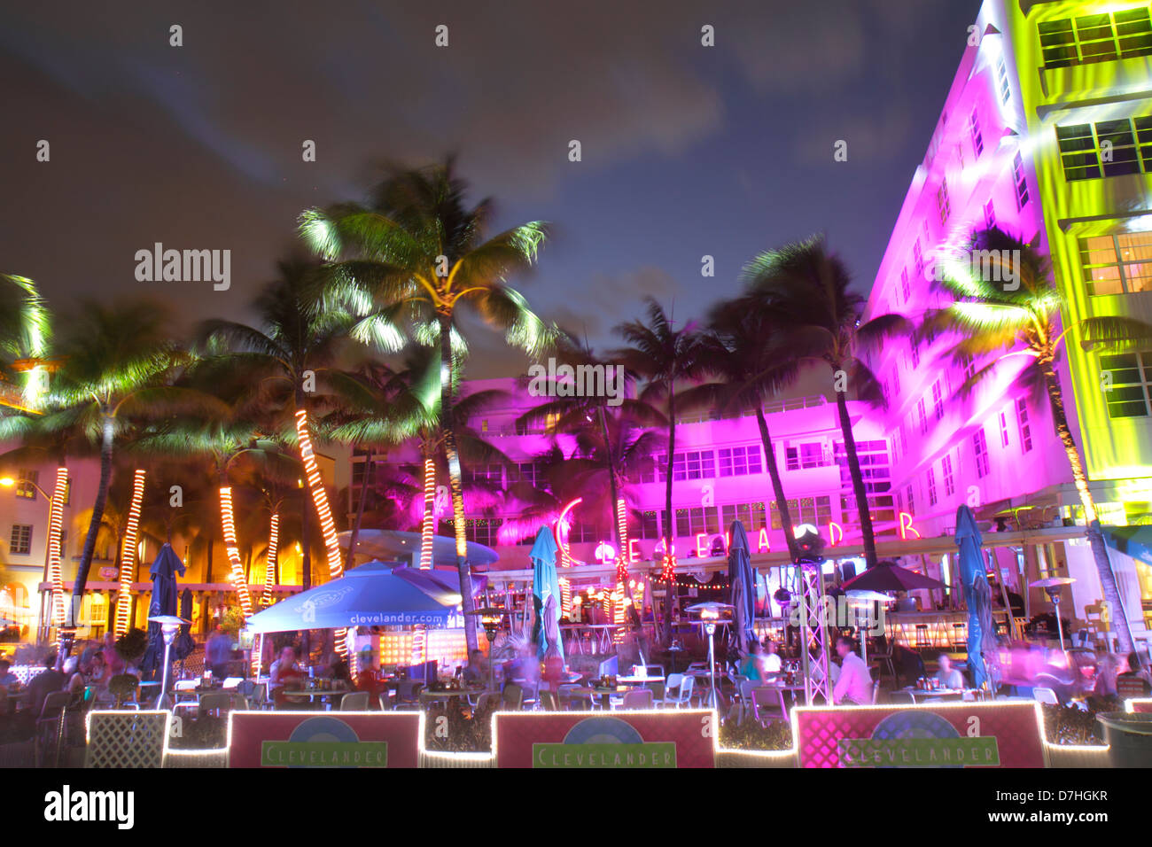 Miami Beach Florida,Ocean Drive,hotels,restaurant restaurants food dining cafe cafes,The Clevelander,hotel,night evening,al fresco sidewalk outside ta Stock Photo