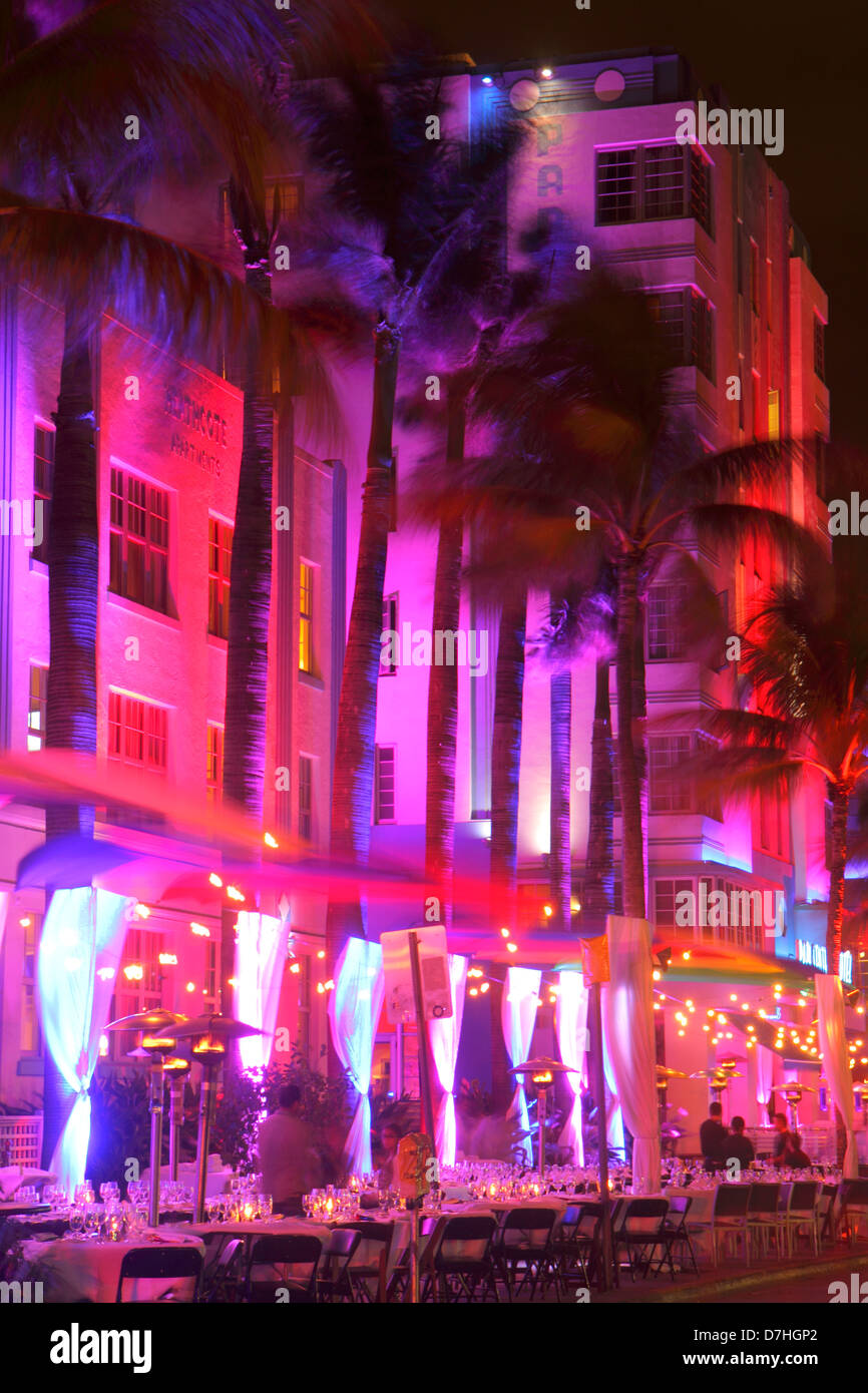 Miami Beach Florida,Ocean Drive,hotels,restaurant restaurants food dining cafe cafes,night evening,al fresco sidewalk outside tables,dining,outside ex Stock Photo