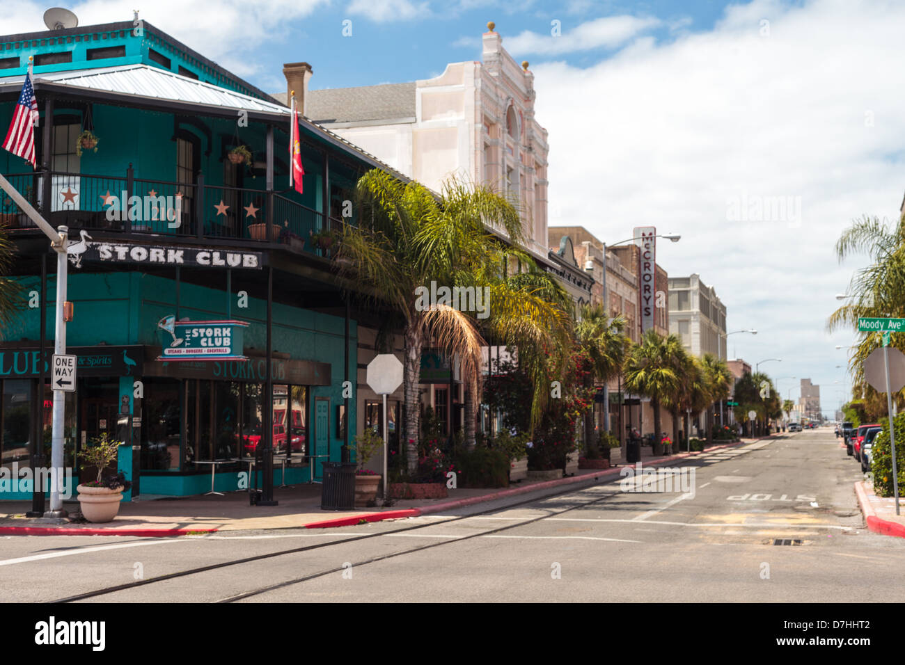 A street intersection at Moody Avenue in downtown Galveston, Texas. Stock Photo