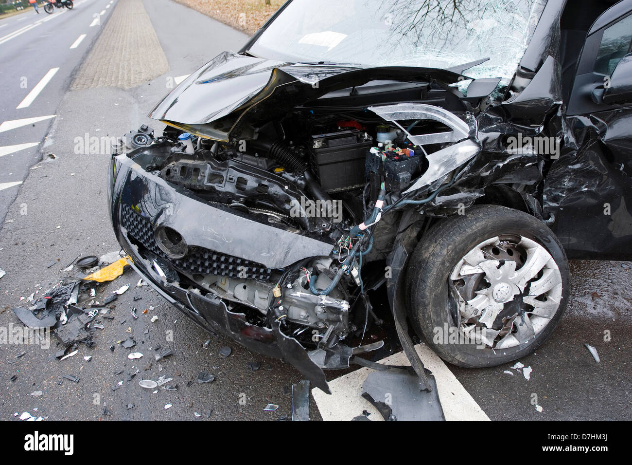 A car who crashed into another car on a interstate road Stock Photo
