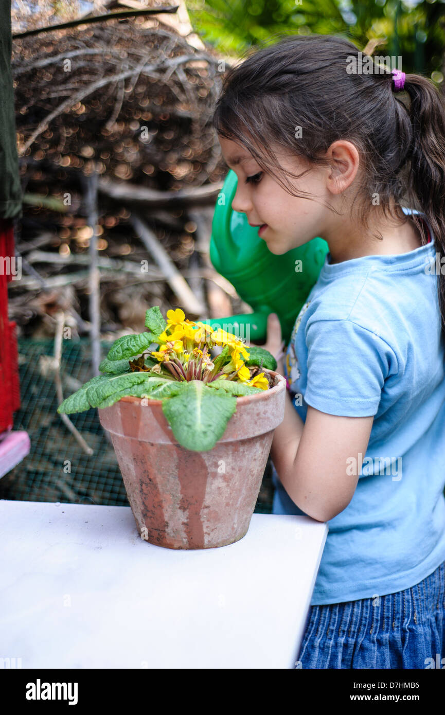 little girl watered flower pot Stock Photo Alamy