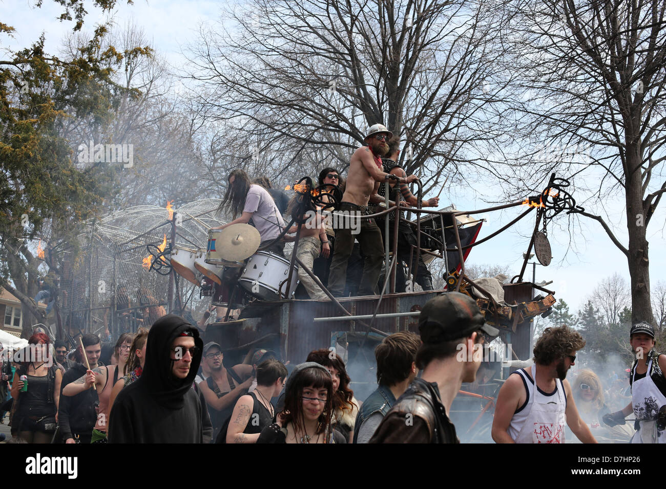 A float at the annual May Day parade in Minneapolis, with a drum circle